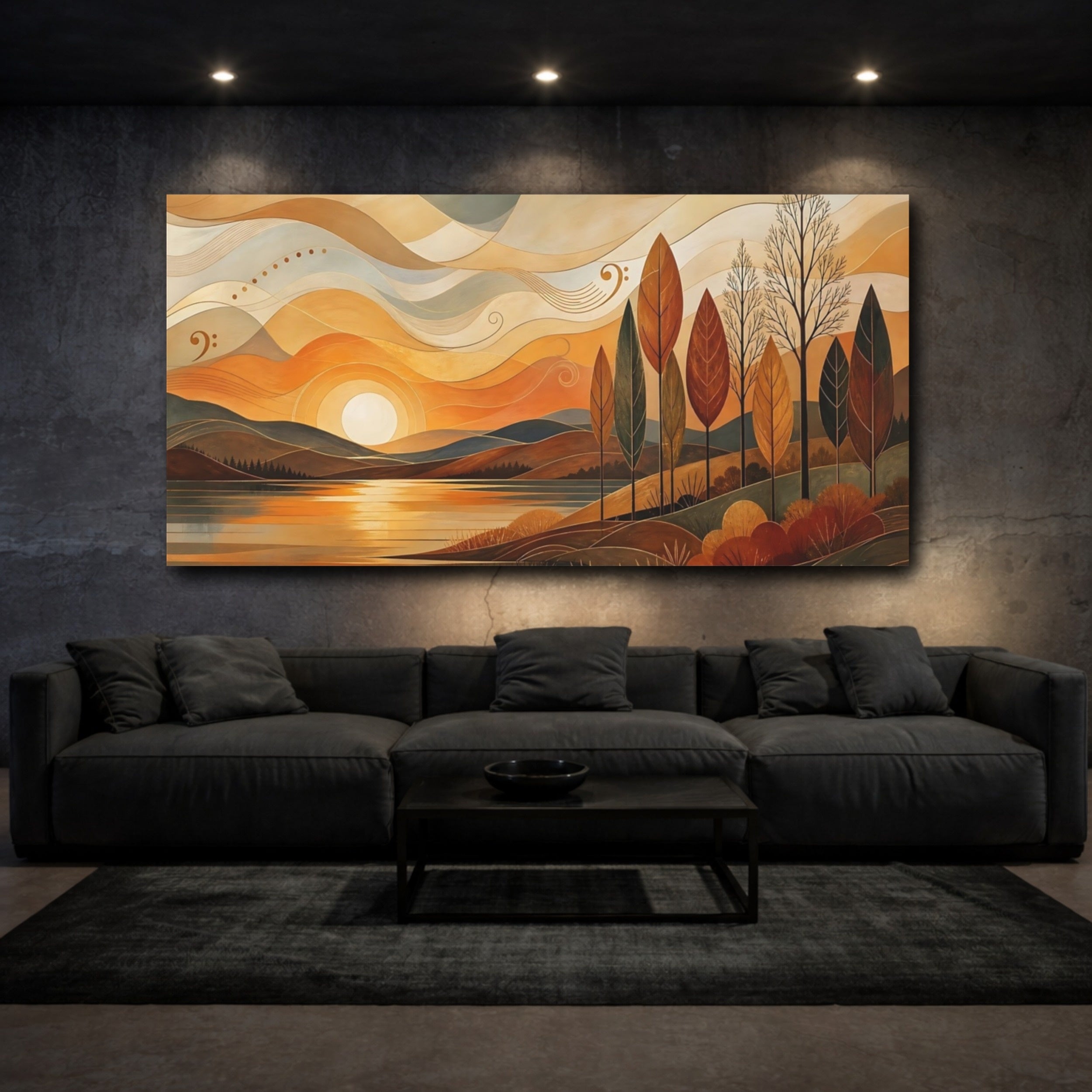 Mockup 3. Nature Autumn Lake Orange Landscape shown as stretched canvas wall art