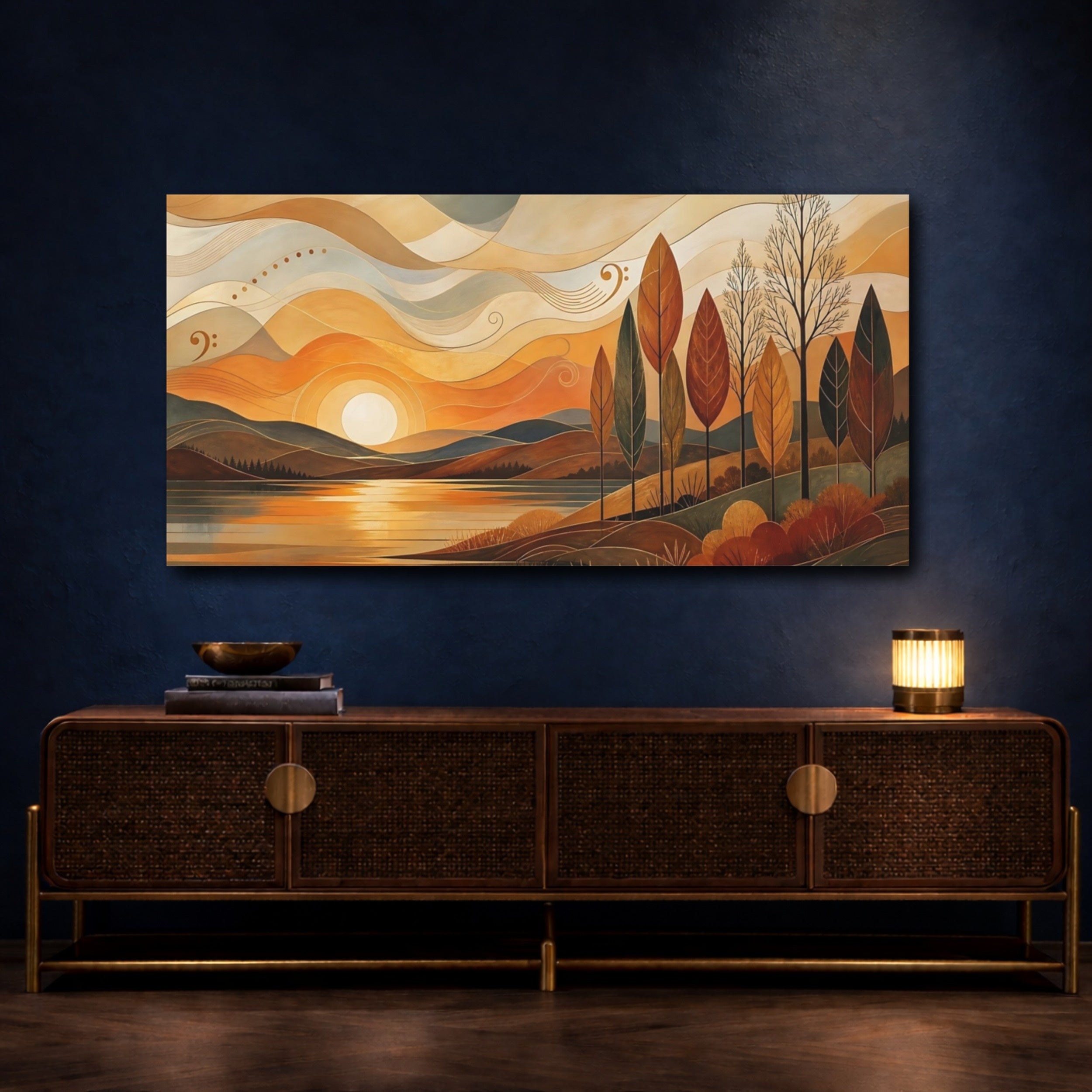 Mockup 4. Nature Autumn Lake Orange Landscape shown as stretched canvas wall art
