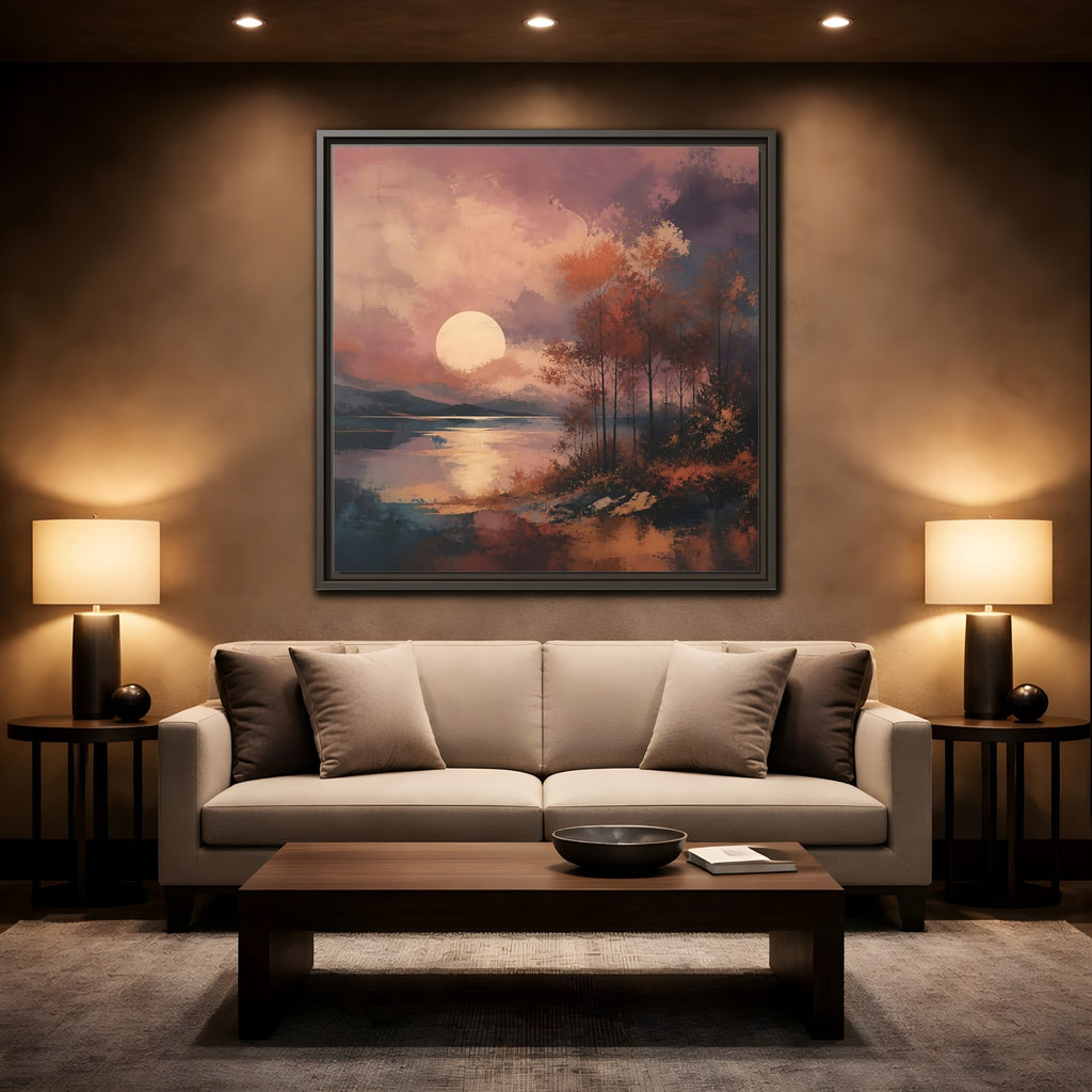 Mockup 2. Nature Autumn Landscape Autumn Lake Scene shown as stretched canvas wall art