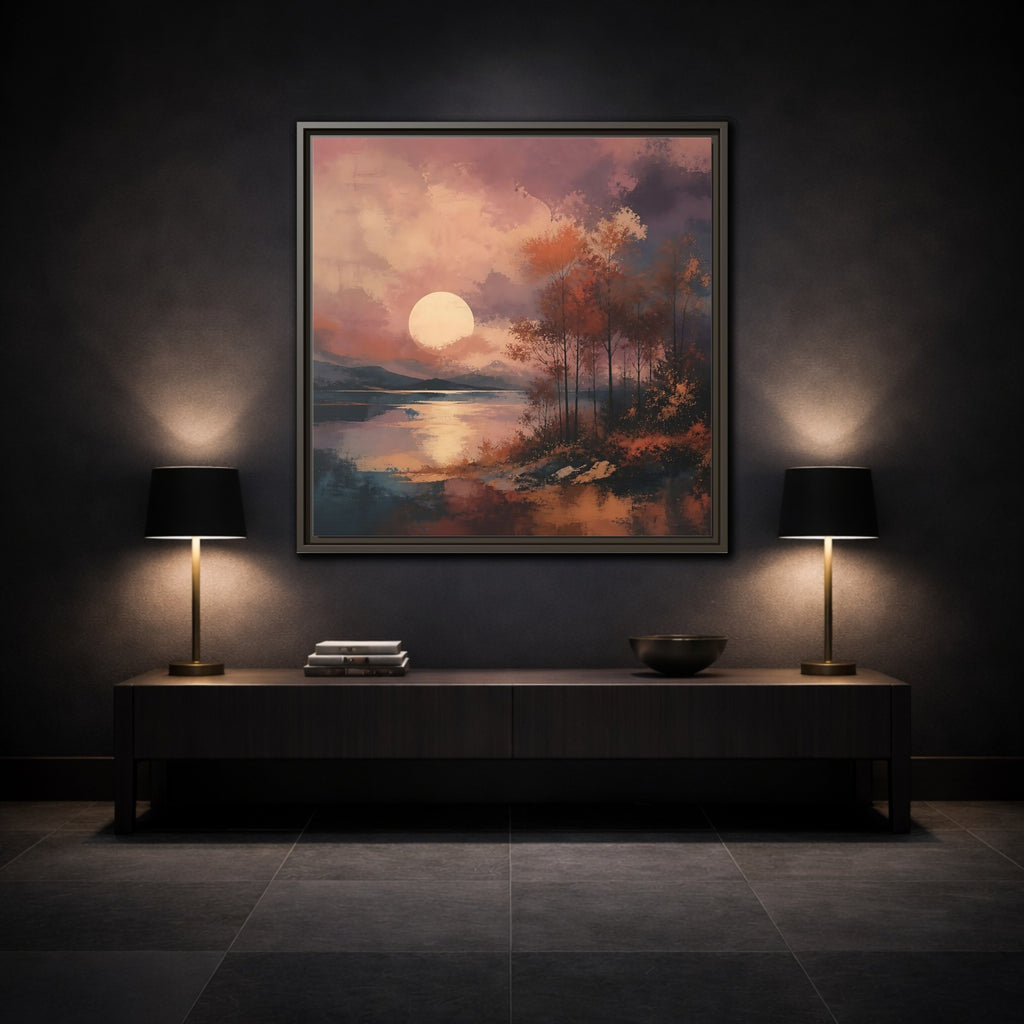 Mockup 3. Nature Autumn Landscape Autumn Lake Scene shown as stretched canvas wall art