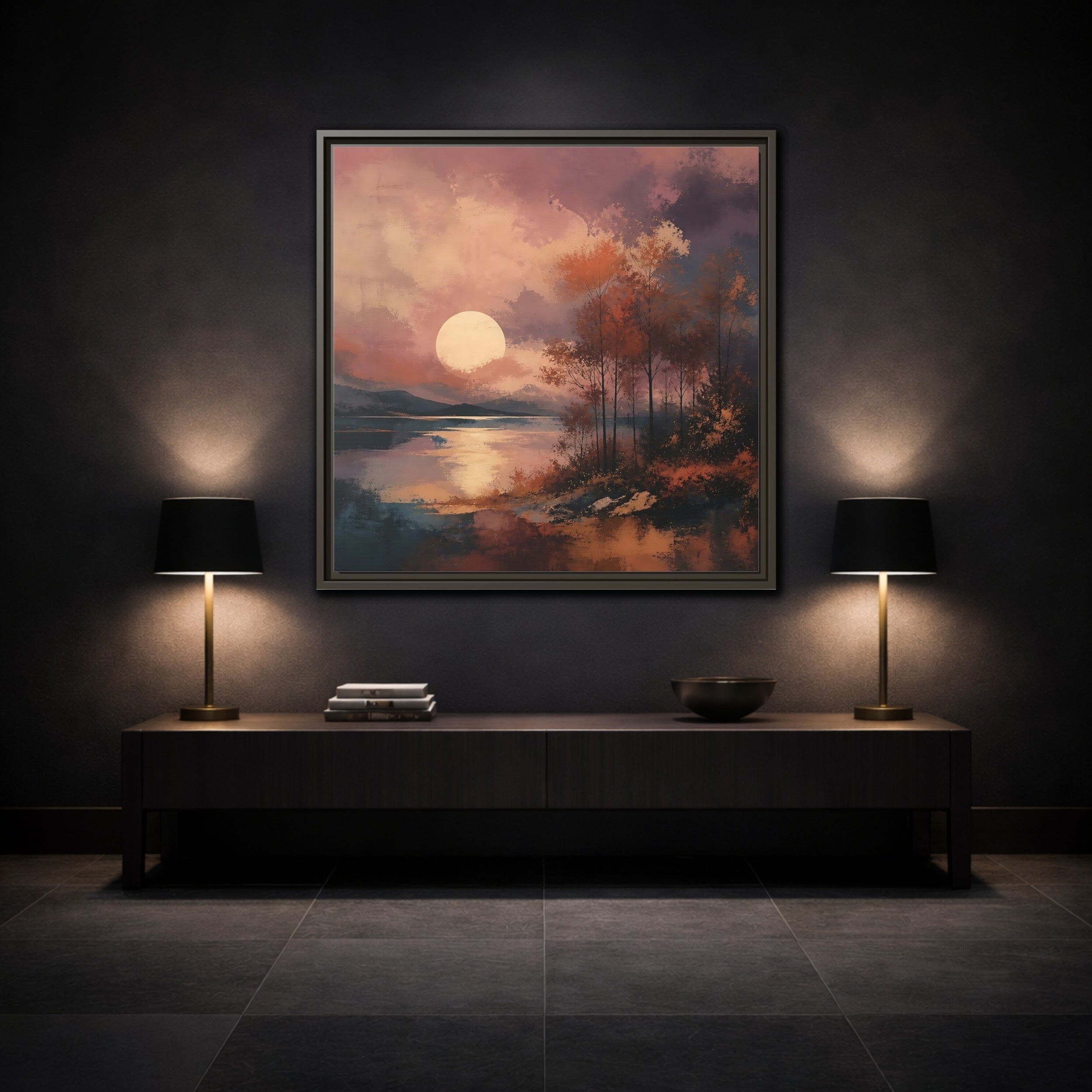 Mockup 3. Nature Autumn Landscape Autumn Lake Scene shown as stretched canvas wall art