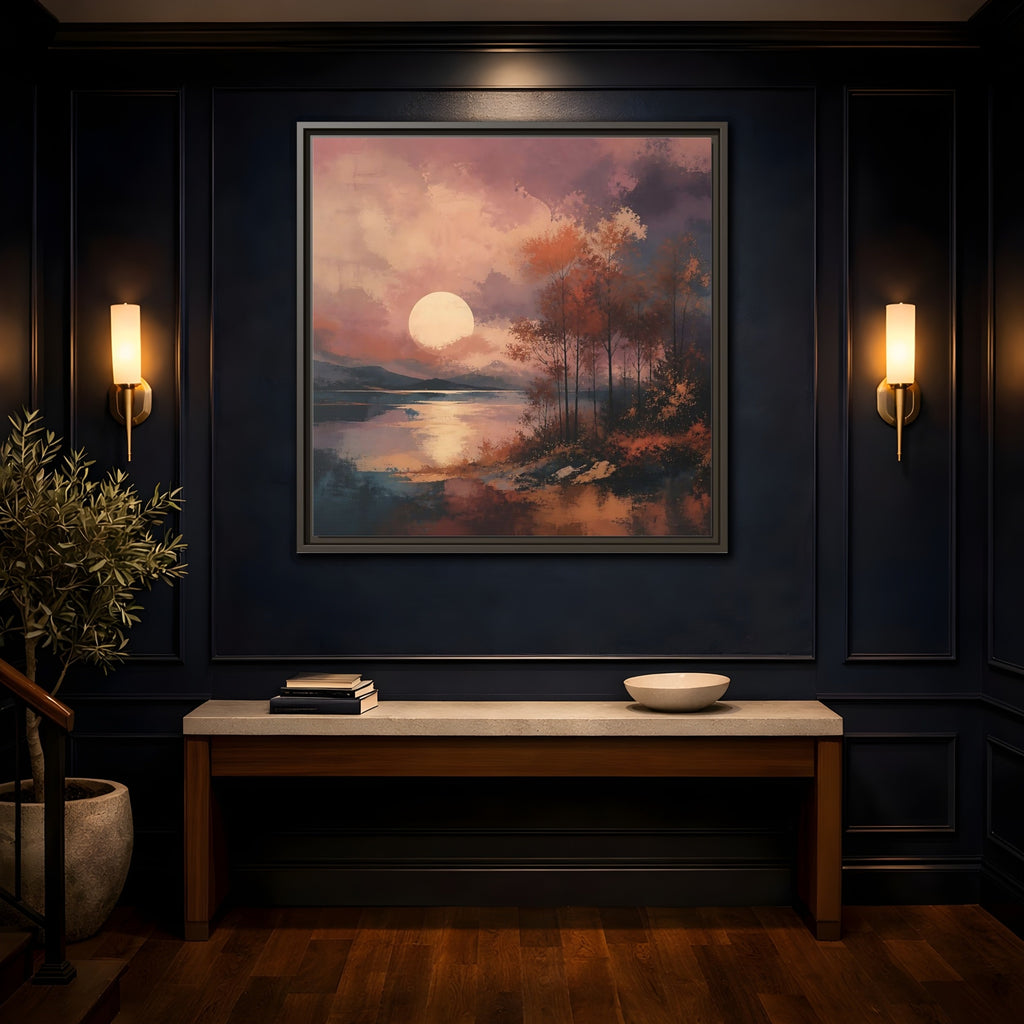 Mockup 4. Nature Autumn Landscape Autumn Lake Scene shown as stretched canvas wall art