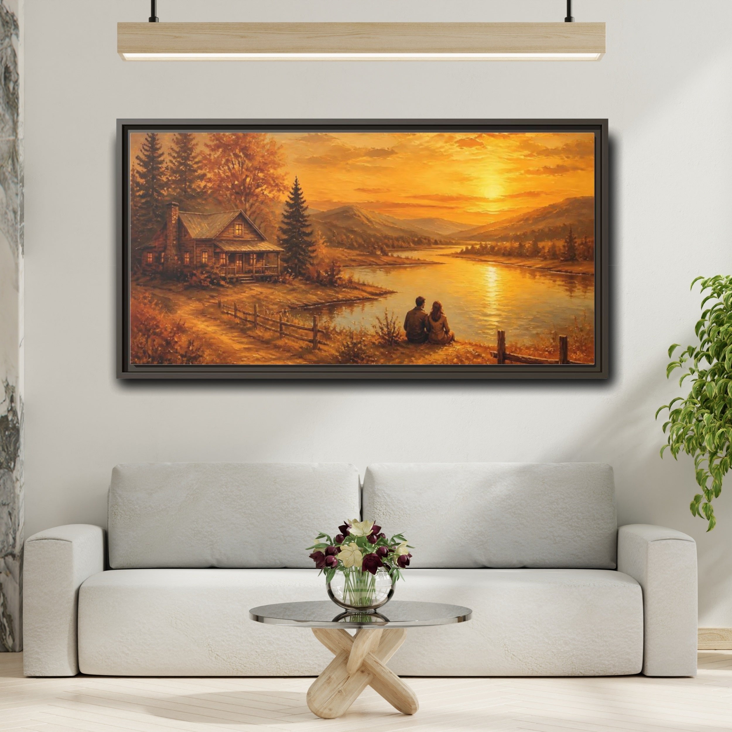 Mockup 2. Nature Autumn Landscape Golden Sunset shown as stretched canvas wall art