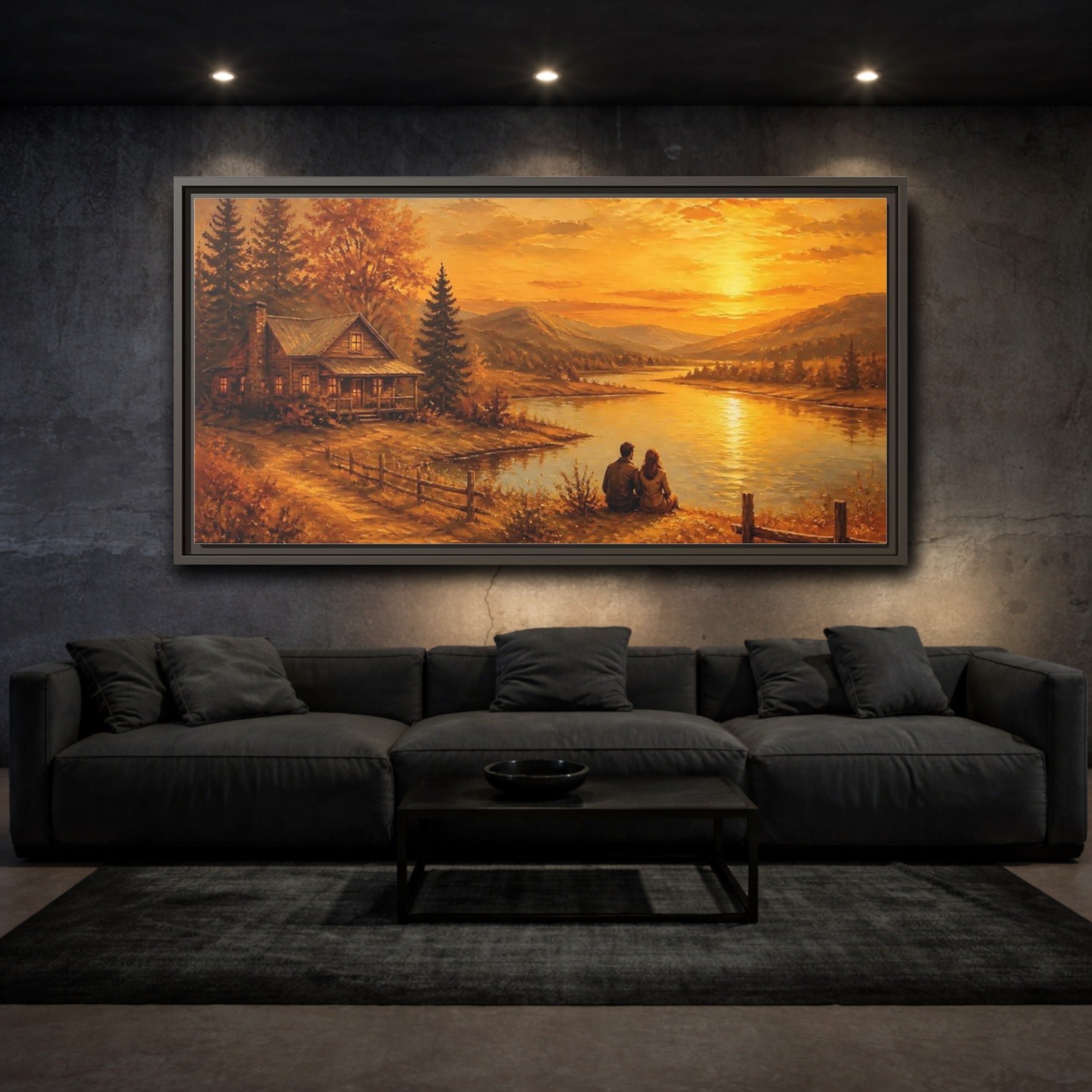 Mockup 3. Nature Autumn Landscape Golden Sunset shown as stretched canvas wall art