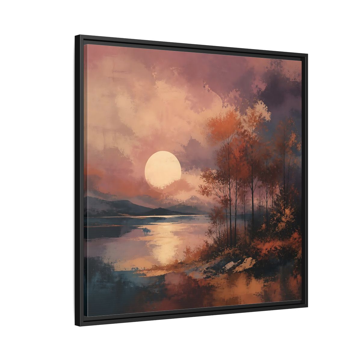 Side Mockup 9. Nature Autumn Landscape Autumn Lake Scene shown as stretched canvas wall art