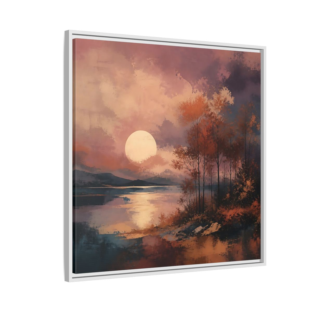 Side Mockup 7. Nature Autumn Landscape Autumn Lake Scene shown as stretched canvas wall art