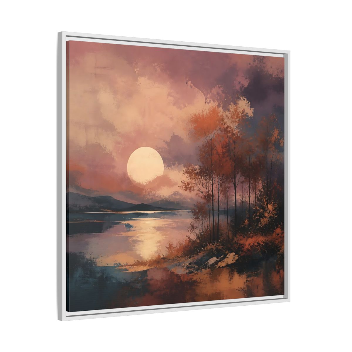 Side Mockup 25. Nature Autumn Landscape Autumn Lake Scene shown as stretched canvas wall art
