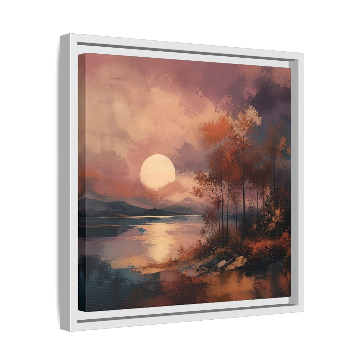 Side Mockup 28. Nature Autumn Landscape Autumn Lake Scene shown as stretched canvas wall art