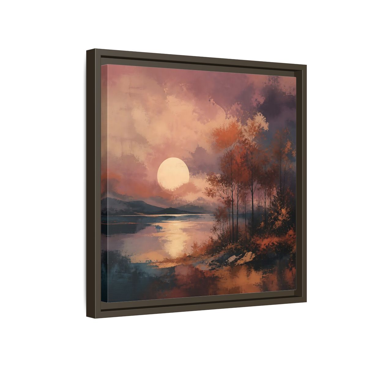 Side Mockup 14. Nature Autumn Landscape Autumn Lake Scene shown as stretched canvas wall art