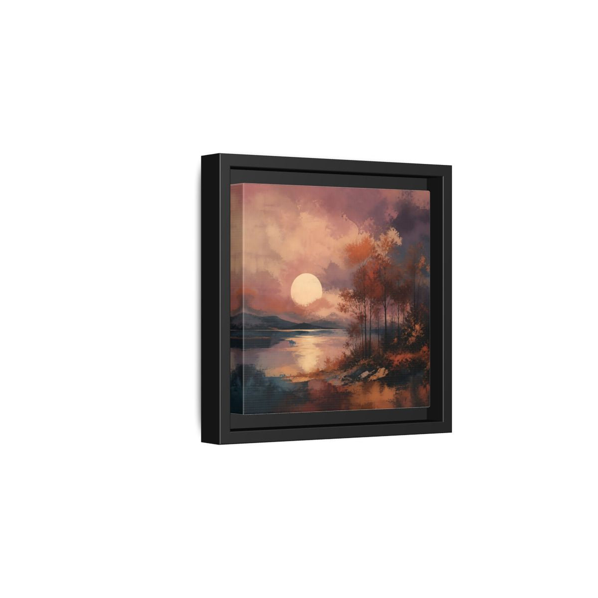 Side Mockup 3. Nature Autumn Landscape Autumn Lake Scene shown as stretched canvas wall art