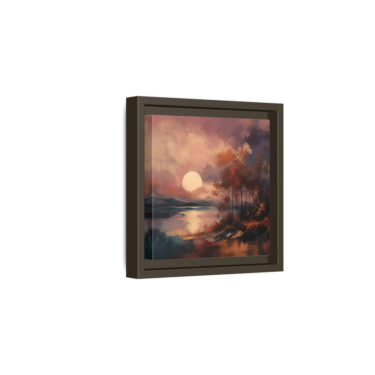 Side Mockup 2. Nature Autumn Landscape Autumn Lake Scene shown as stretched canvas wall art