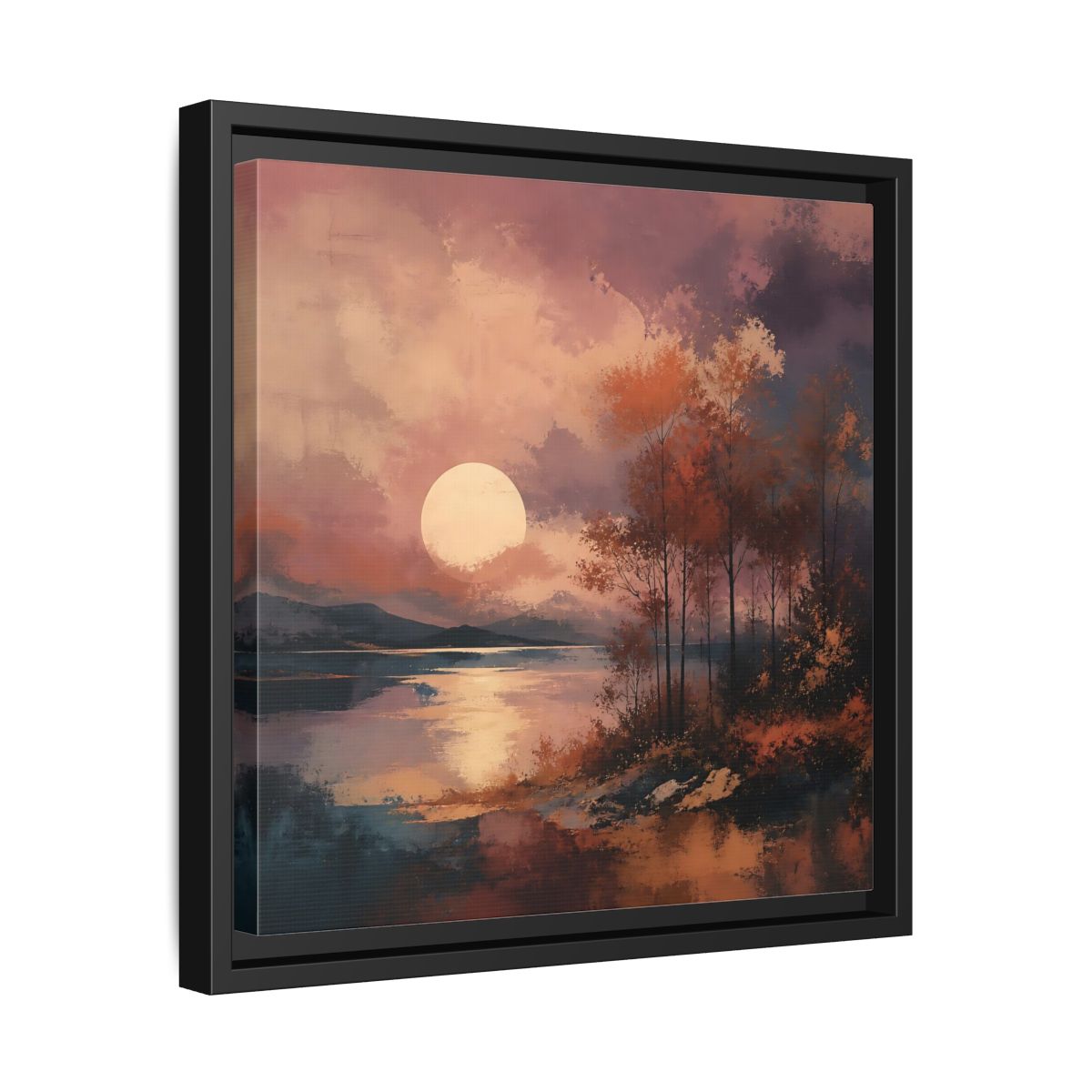 Side Mockup 32. Nature Autumn Landscape Autumn Lake Scene shown as stretched canvas wall art