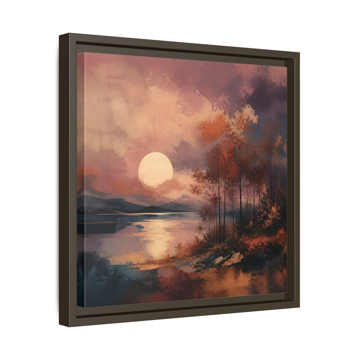 Side Mockup 29. Nature Autumn Landscape Autumn Lake Scene shown as stretched canvas wall art
