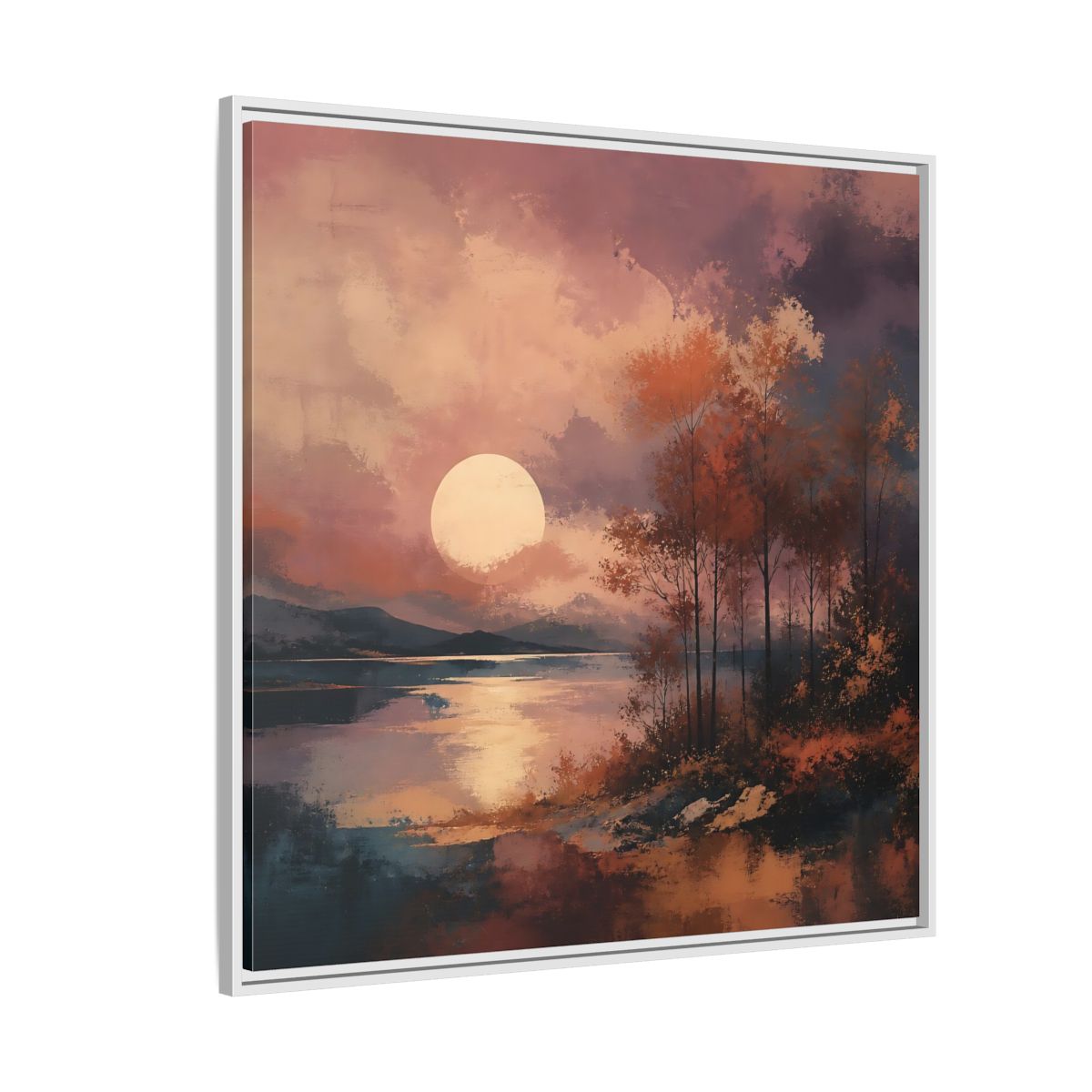 Side Mockup 4. Nature Autumn Landscape Autumn Lake Scene shown as stretched canvas wall art