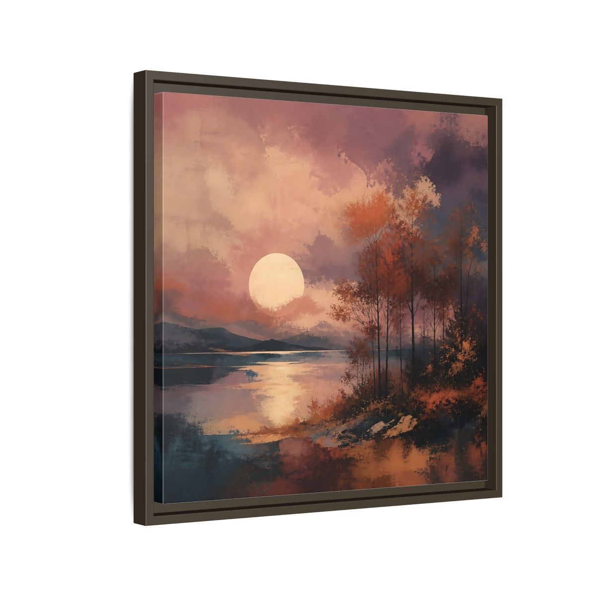 Side Mockup 11. Nature Autumn Landscape Autumn Lake Scene shown as stretched canvas wall art