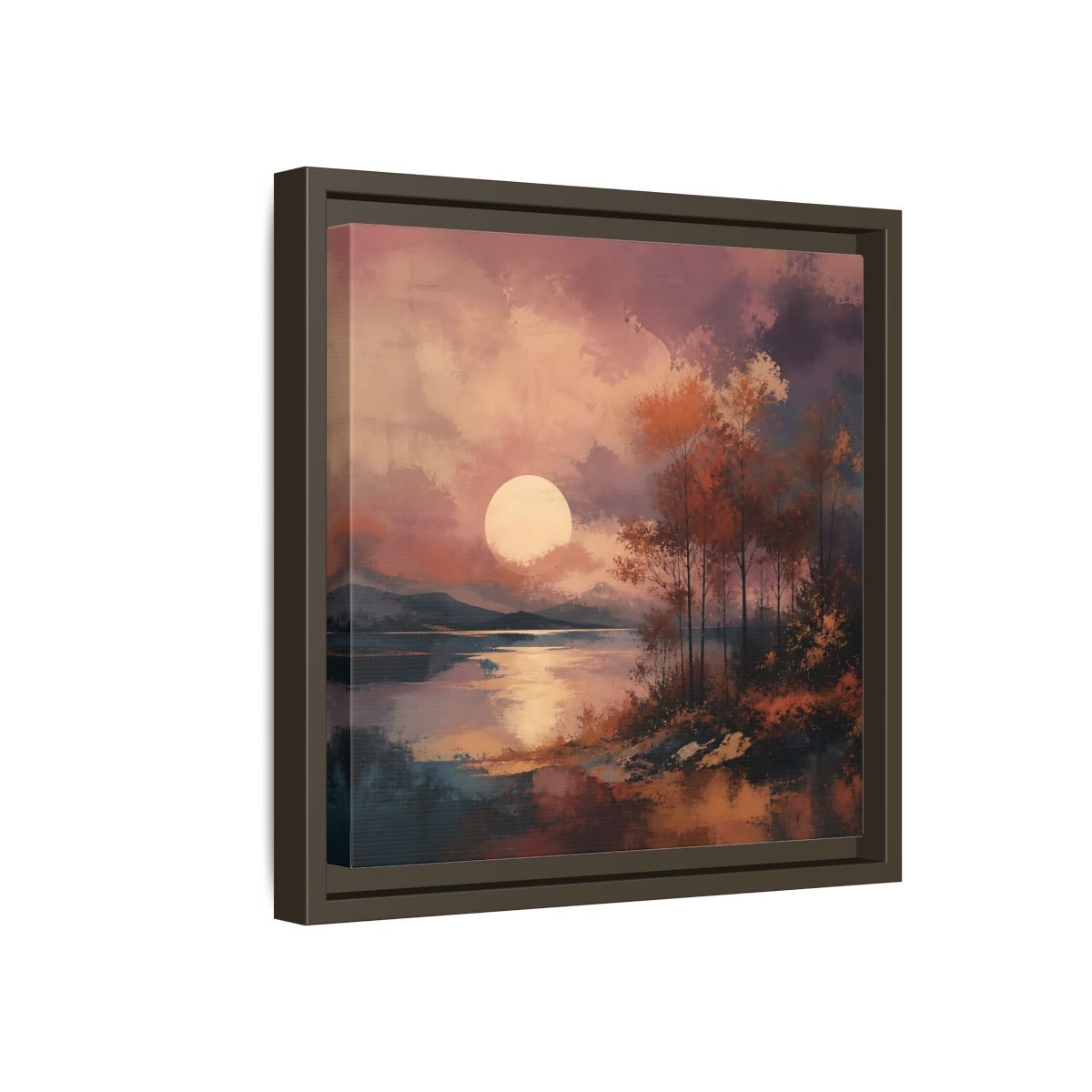 Side Mockup 17. Nature Autumn Landscape Autumn Lake Scene shown as stretched canvas wall art