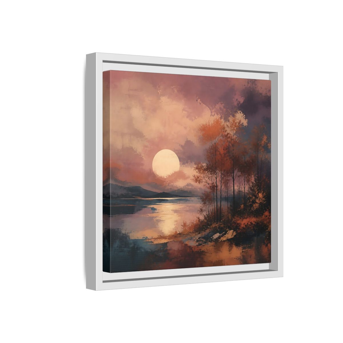 Side Mockup 16. Nature Autumn Landscape Autumn Lake Scene shown as stretched canvas wall art