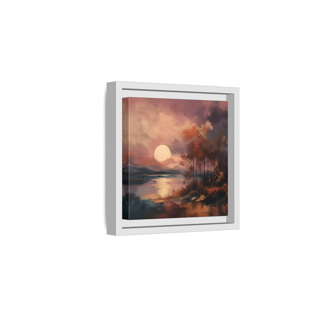 Side Mockup 1. Nature Autumn Landscape Autumn Lake Scene shown as stretched canvas wall art
