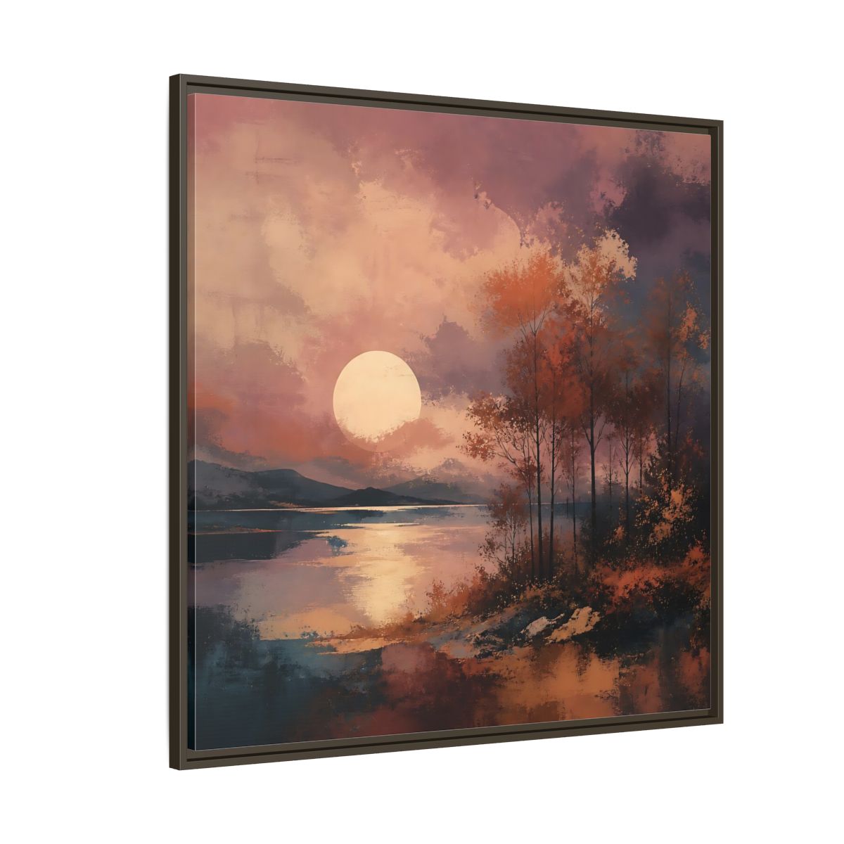 Side Mockup 5. Nature Autumn Landscape Autumn Lake Scene shown as stretched canvas wall art