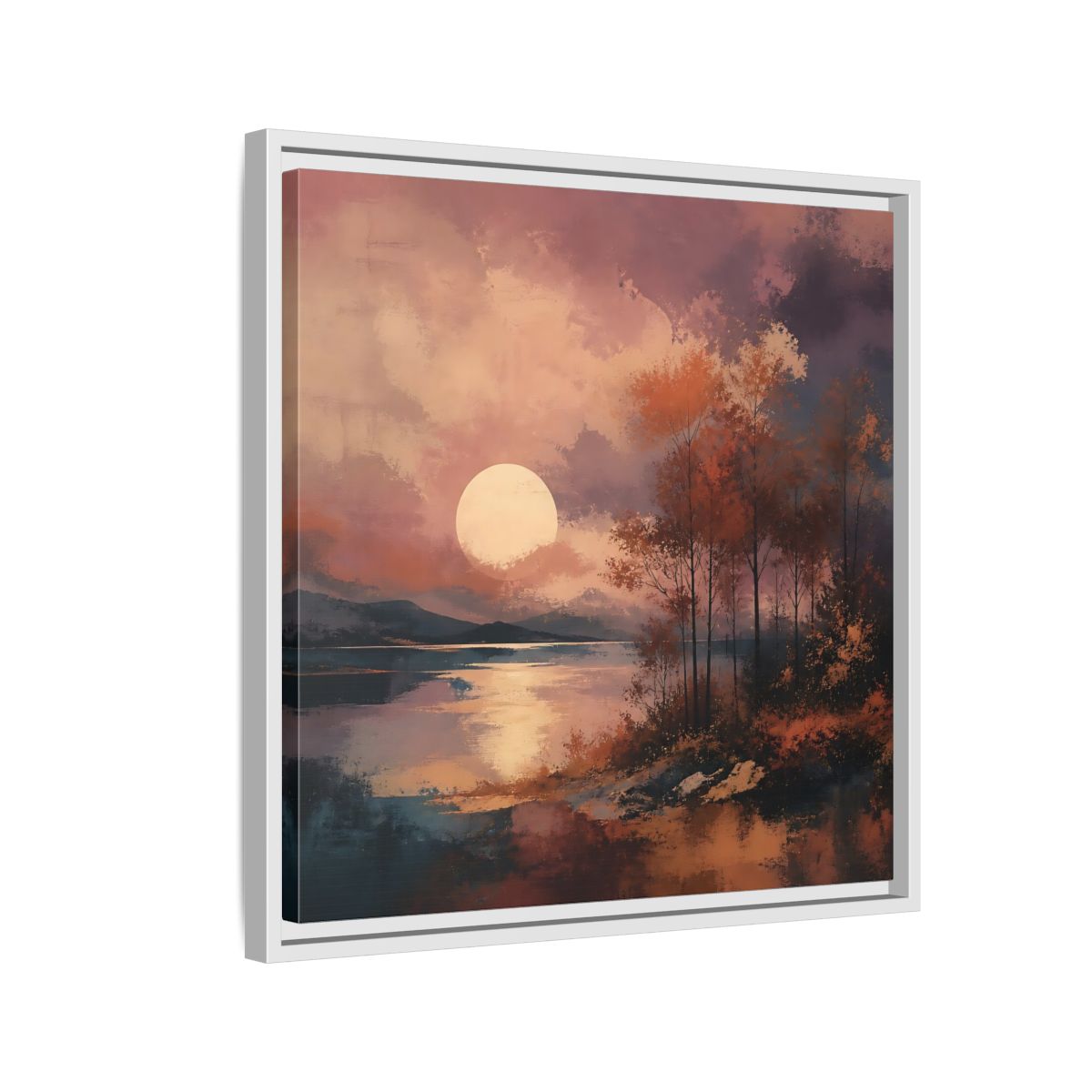 Side Mockup 10. Nature Autumn Landscape Autumn Lake Scene shown as stretched canvas wall art