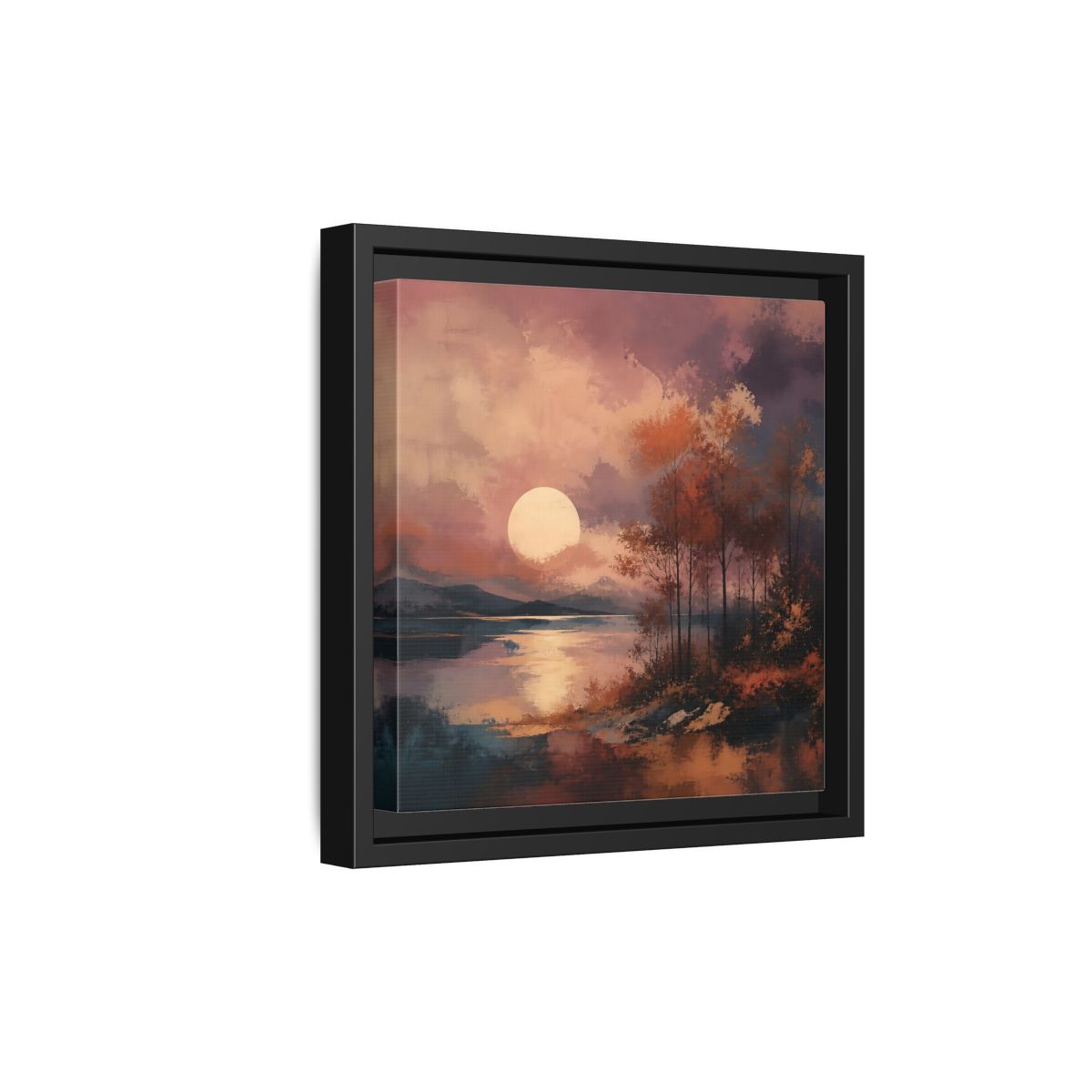 Side Mockup 21. Nature Autumn Landscape Autumn Lake Scene shown as stretched canvas wall art