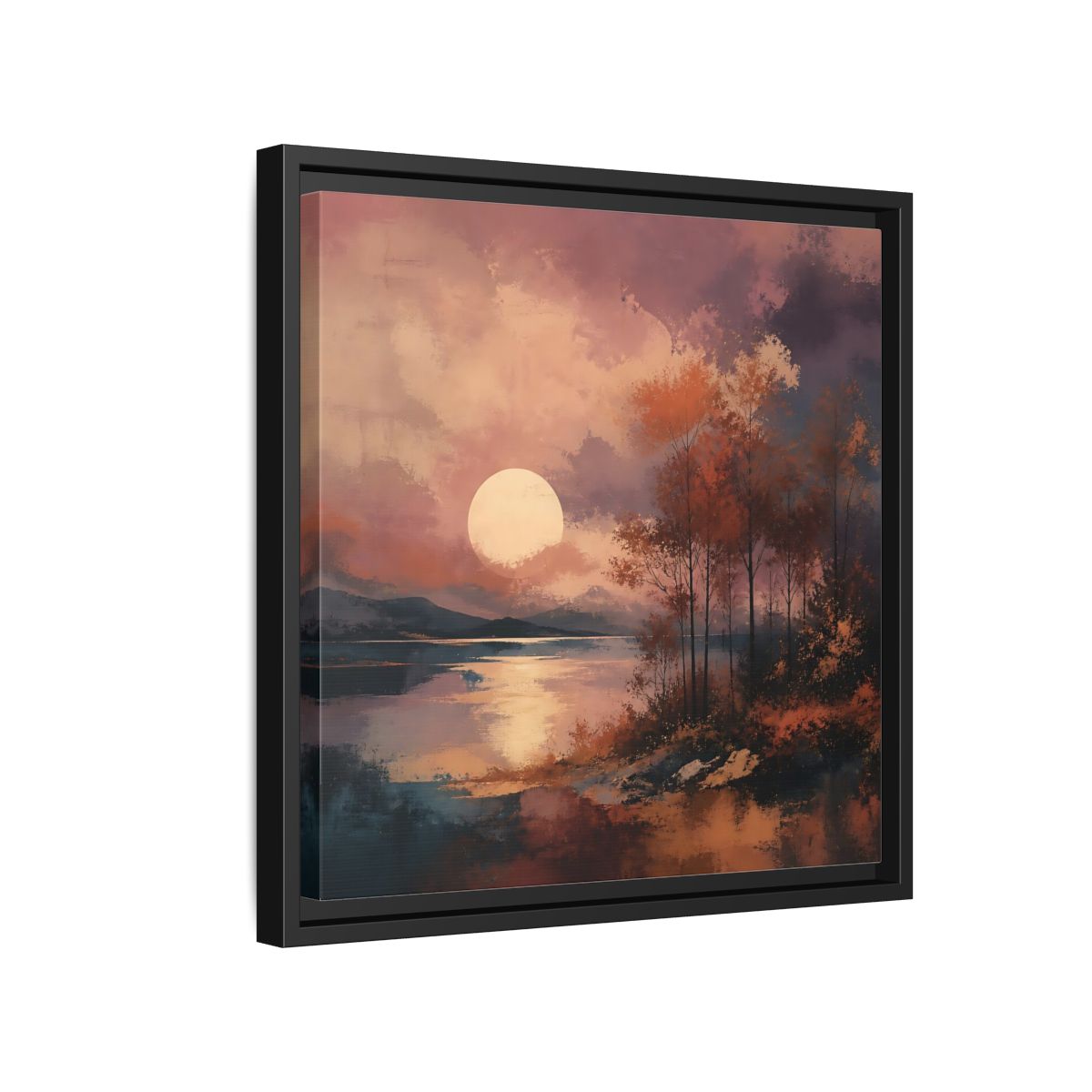 Side Mockup 15. Nature Autumn Landscape Autumn Lake Scene shown as stretched canvas wall art