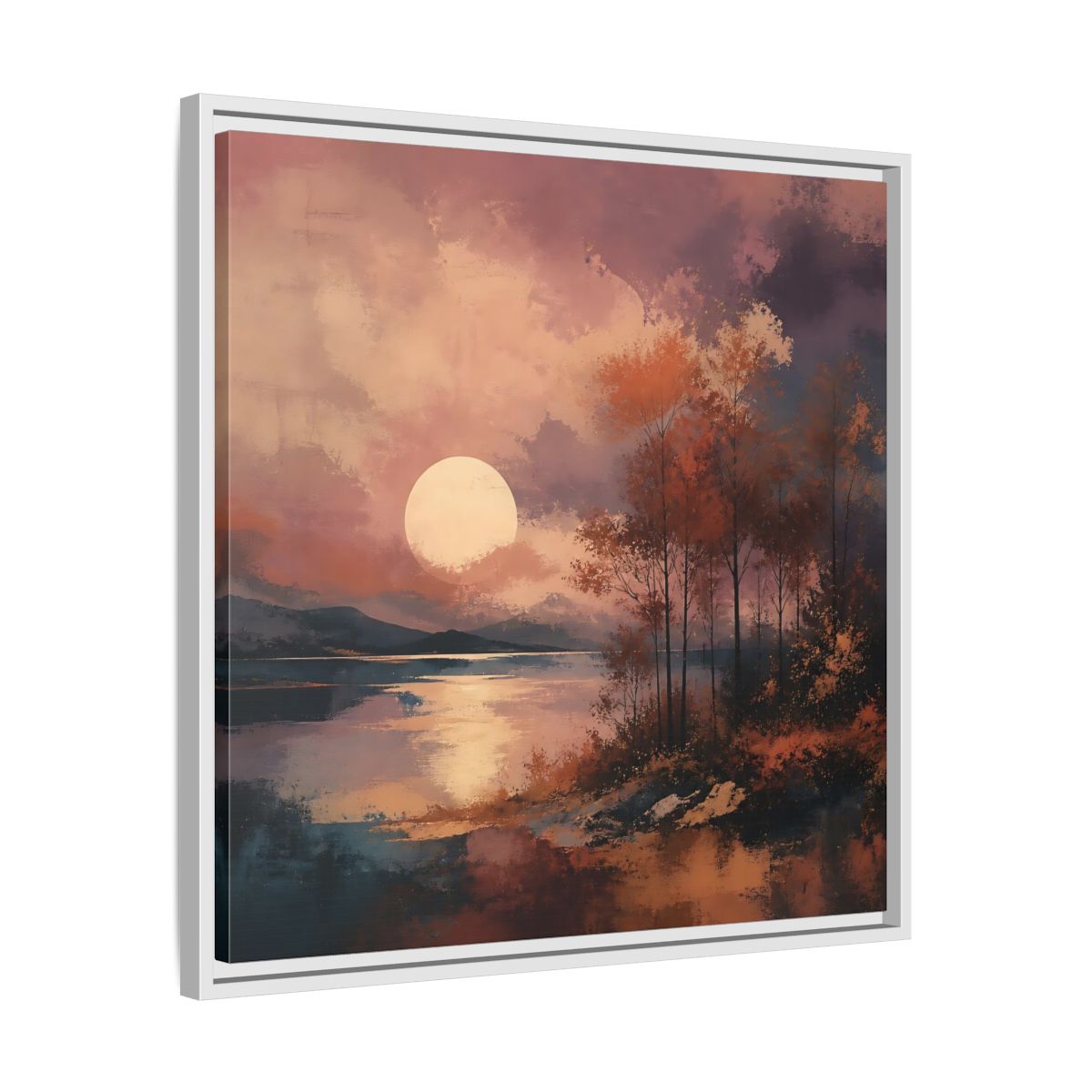 Side Mockup 26. Nature Autumn Landscape Autumn Lake Scene shown as stretched canvas wall art