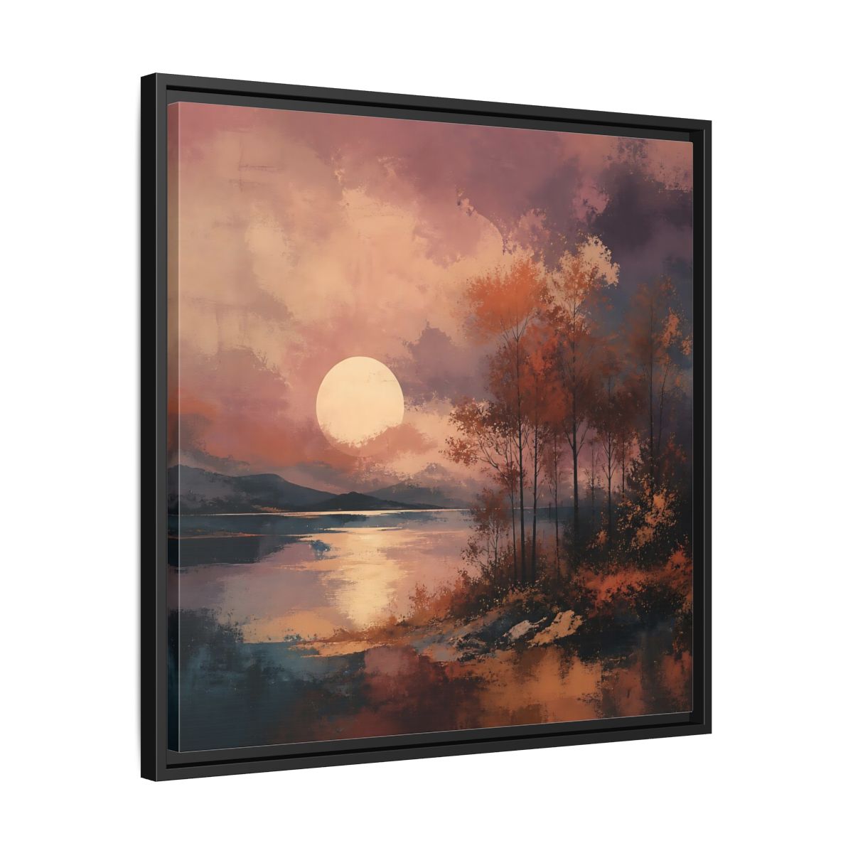 Side Mockup 31. Nature Autumn Landscape Autumn Lake Scene shown as stretched canvas wall art