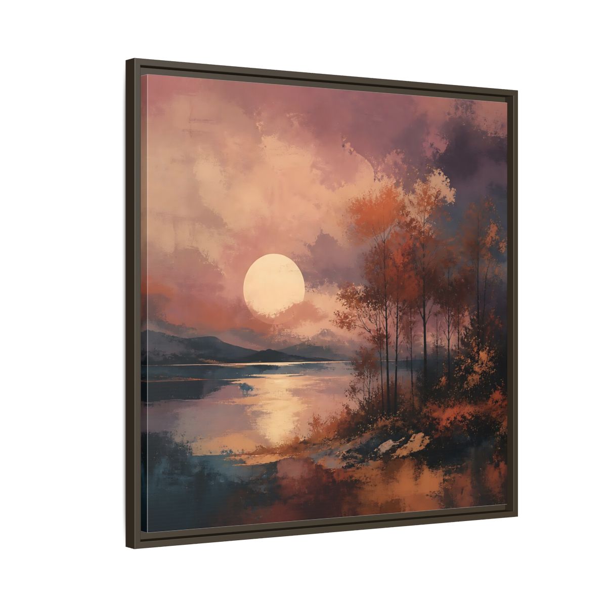 Side Mockup 8. Nature Autumn Landscape Autumn Lake Scene shown as stretched canvas wall art