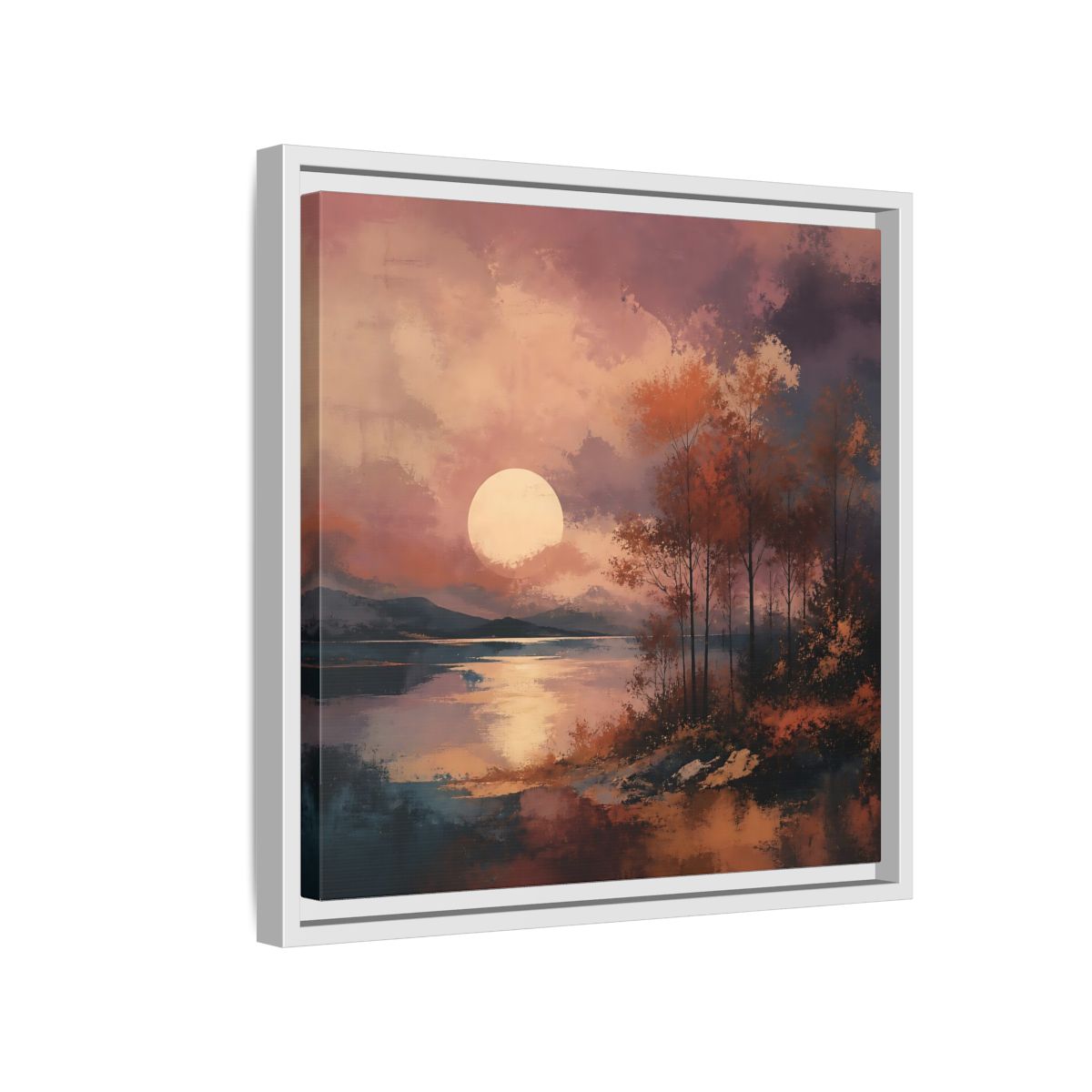 Side Mockup 13. Nature Autumn Landscape Autumn Lake Scene shown as stretched canvas wall art