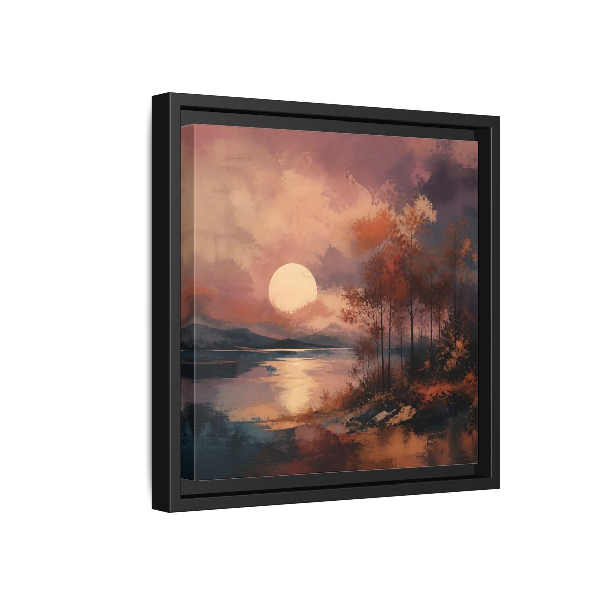 Side Mockup 18. Nature Autumn Landscape Autumn Lake Scene shown as stretched canvas wall art