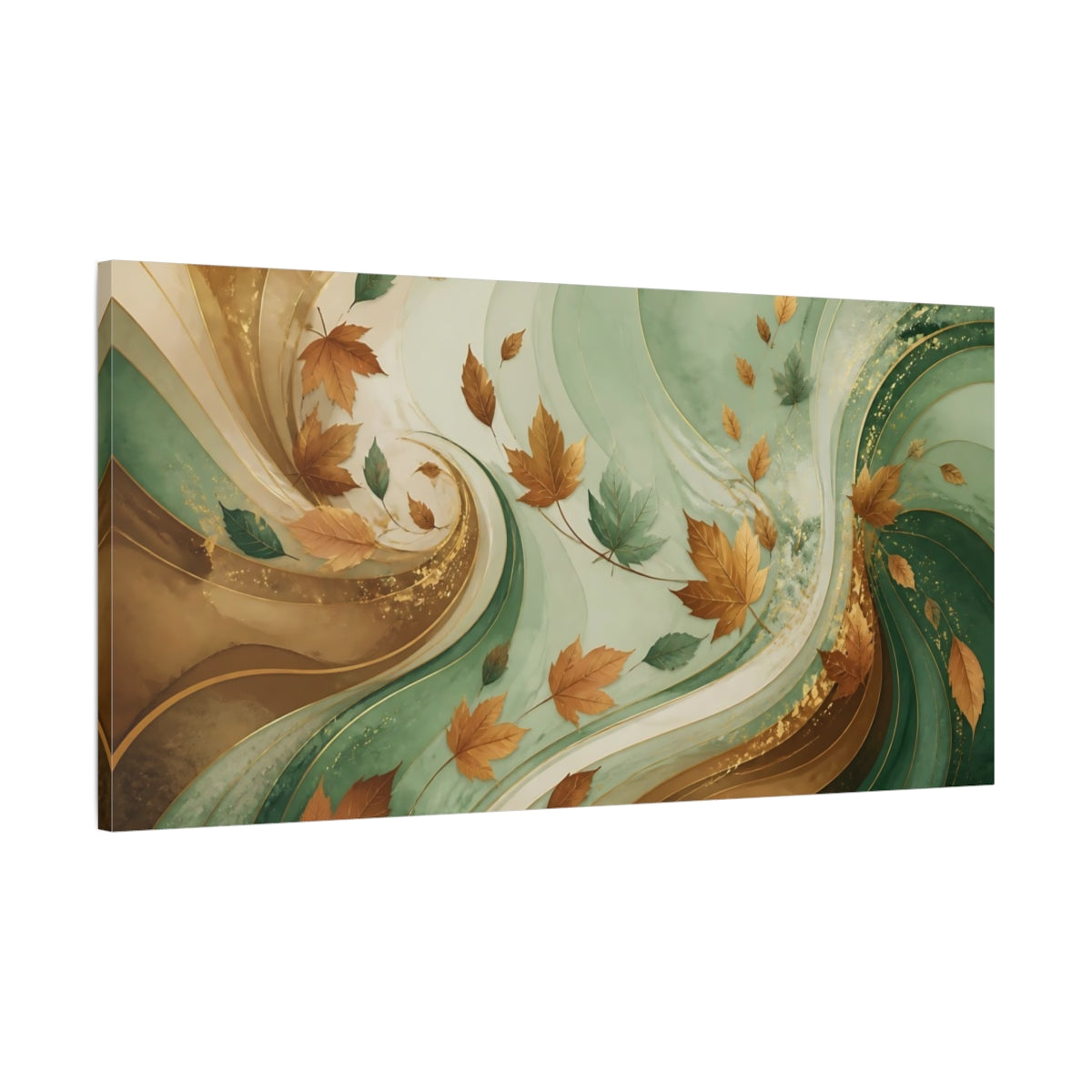 Main Mockup. Nature Autumn Leaves Autumn Green Gold shown as stretched canvas wall art
