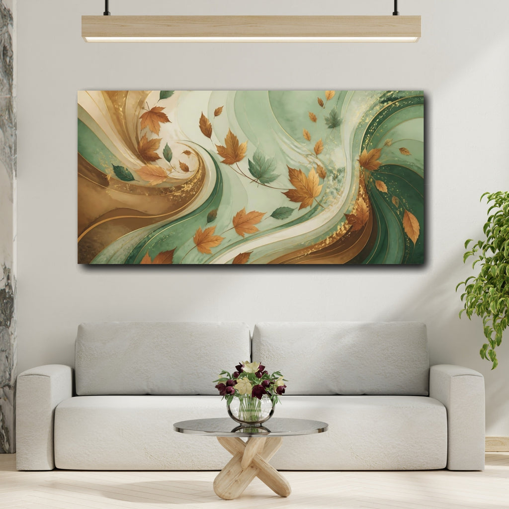Mockup 2. Nature Autumn Leaves Autumn Green Gold shown as stretched canvas wall art