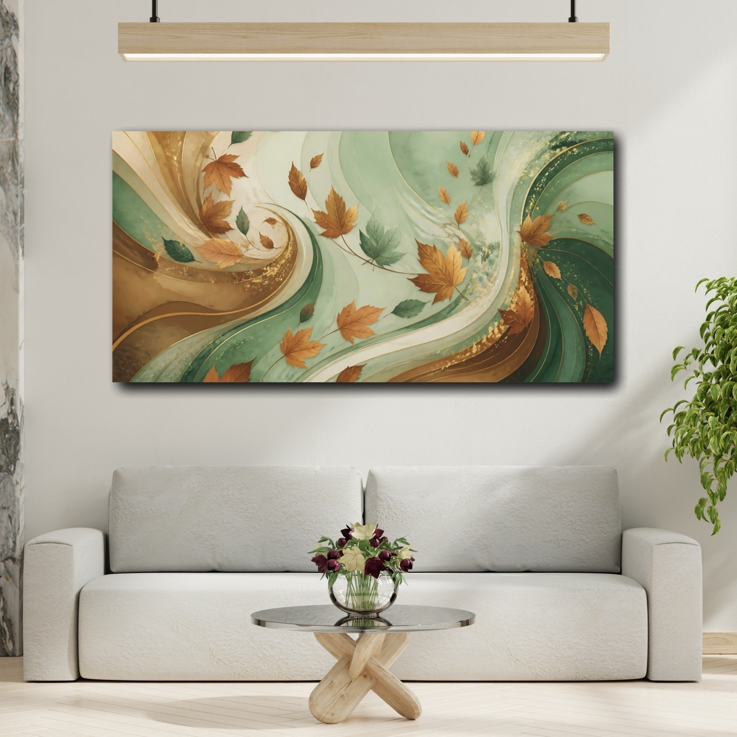 Mockup 2. Nature Autumn Leaves Autumn Green Gold shown as stretched canvas wall art