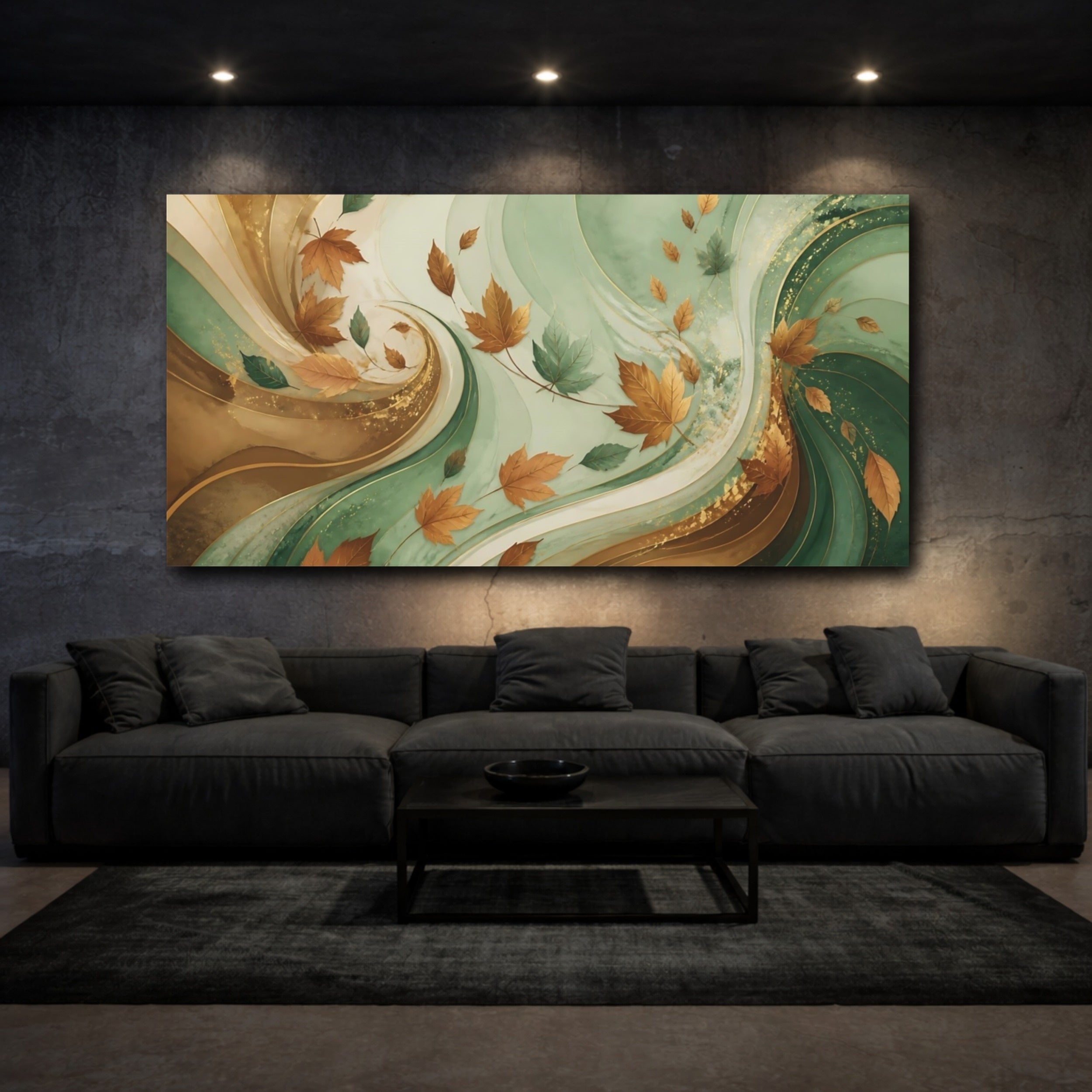 Mockup 3. Nature Autumn Leaves Autumn Green Gold shown as stretched canvas wall art