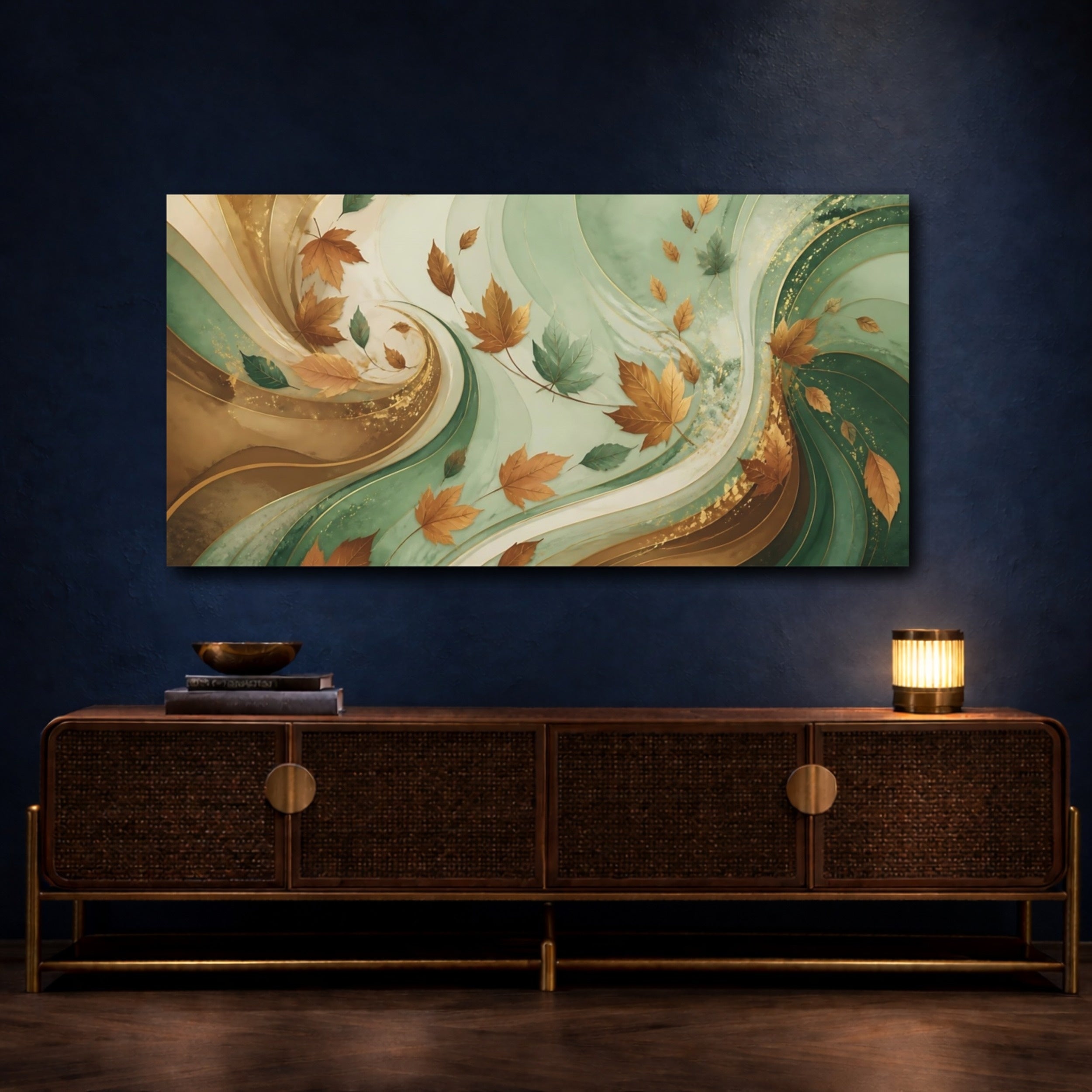 Mockup 4. Nature Autumn Leaves Autumn Green Gold shown as stretched canvas wall art