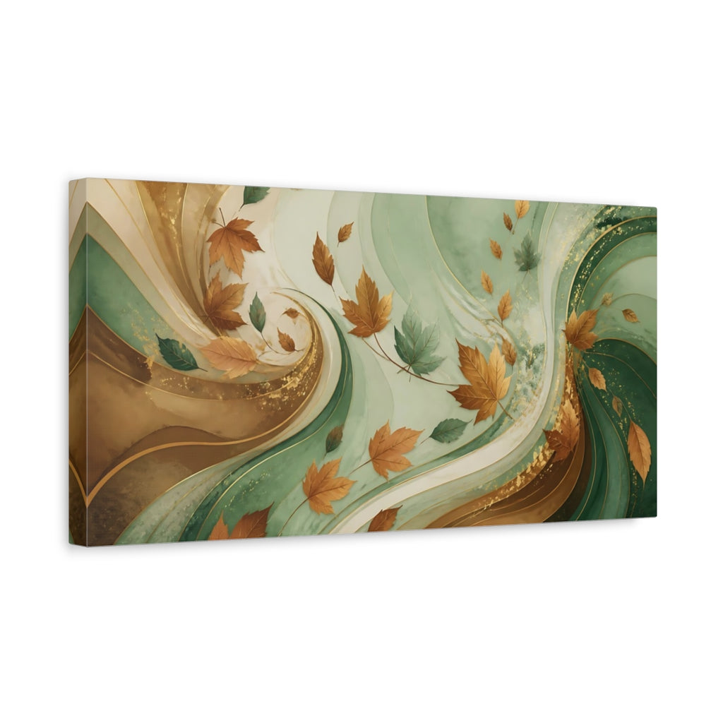 Side Mockup 3. Nature Autumn Leaves Autumn Green Gold shown as stretched canvas wall art