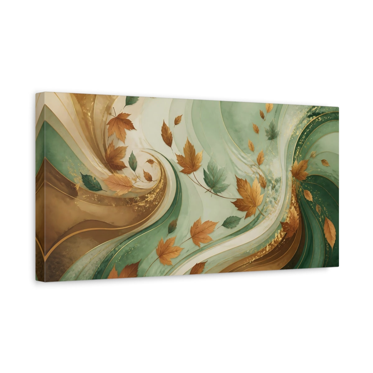 Side Mockup 3. Nature Autumn Leaves Autumn Green Gold shown as stretched canvas wall art