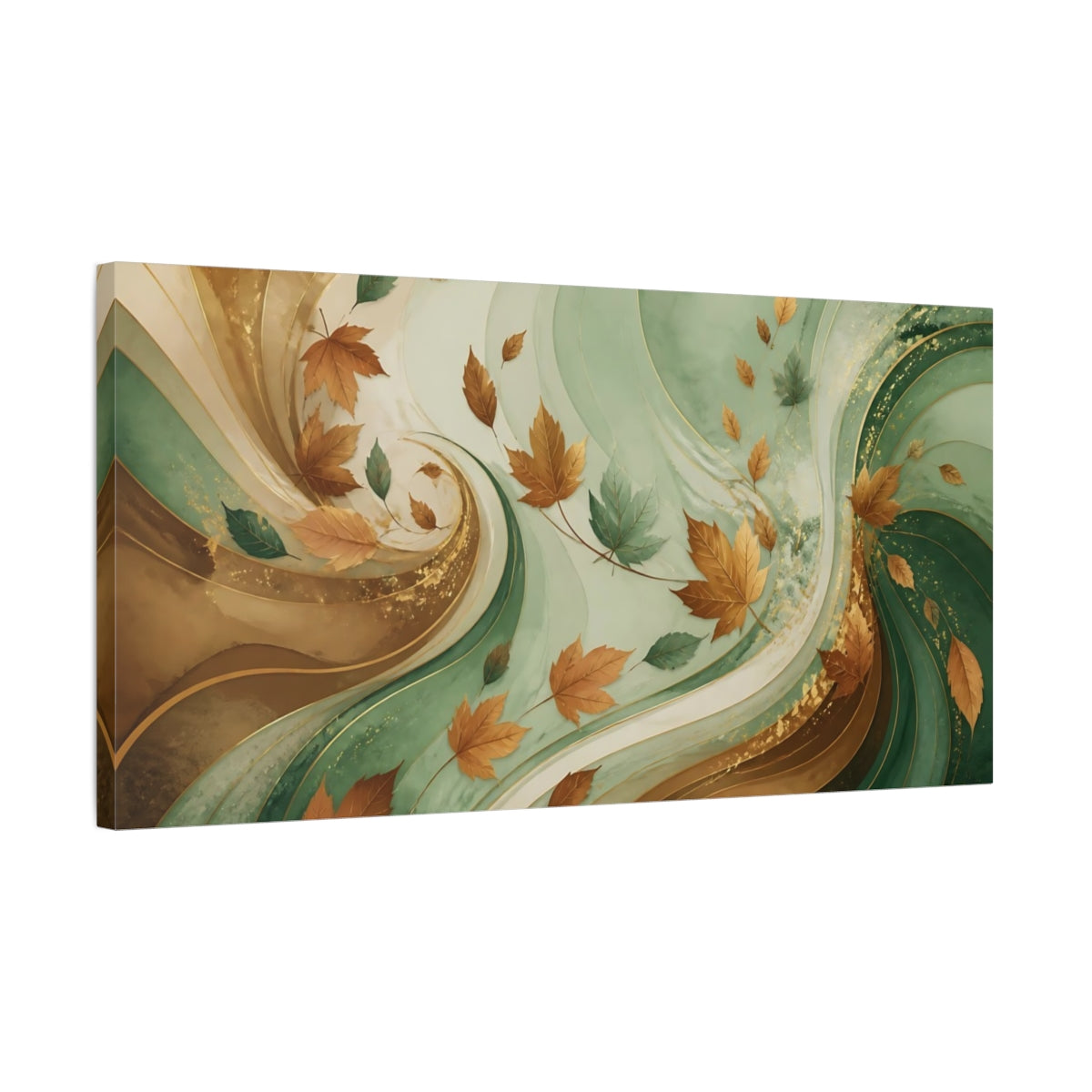 Side Mockup 1. Nature Autumn Leaves Autumn Green Gold shown as stretched canvas wall art