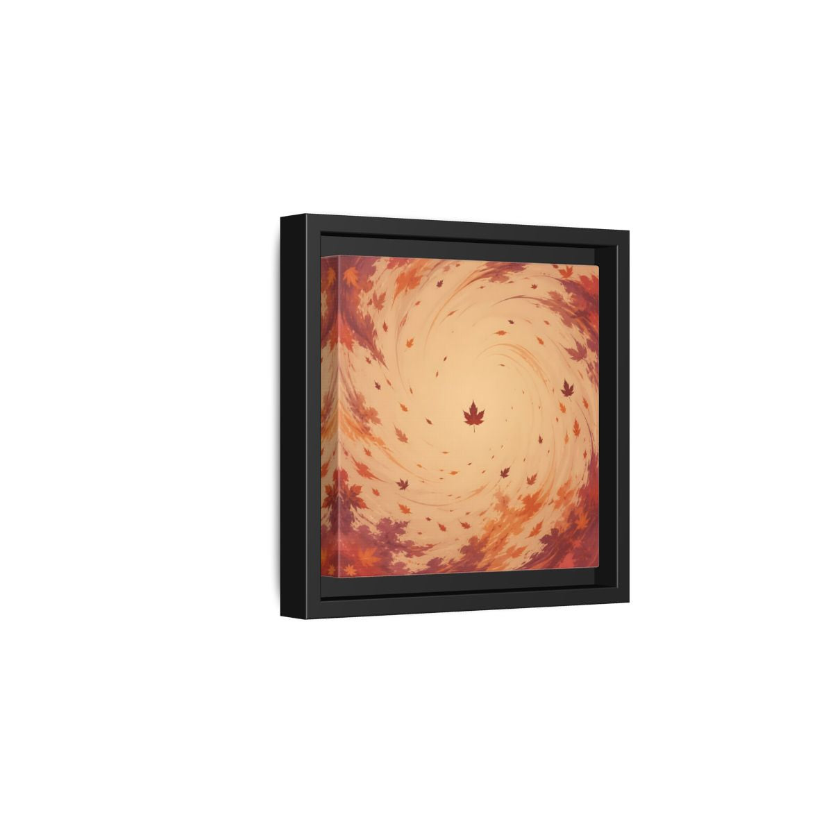 Side Mockup 3. Nature Autumn Leaves Orange And Red Swirl shown as stretched canvas wall art
