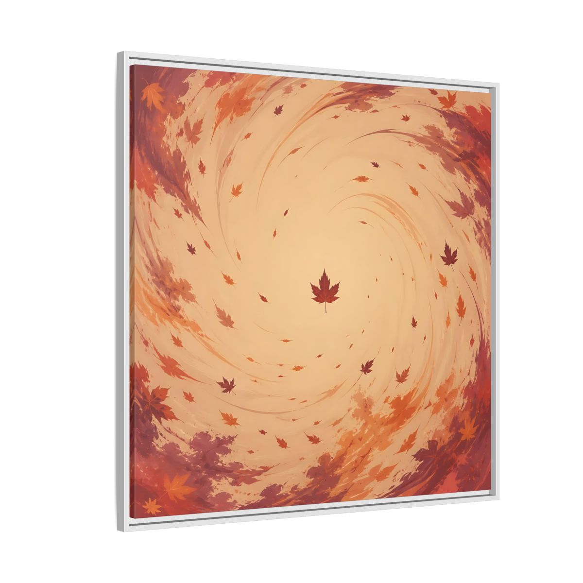 Side Mockup 4. Nature Autumn Leaves Orange And Red Swirl shown as stretched canvas wall art
