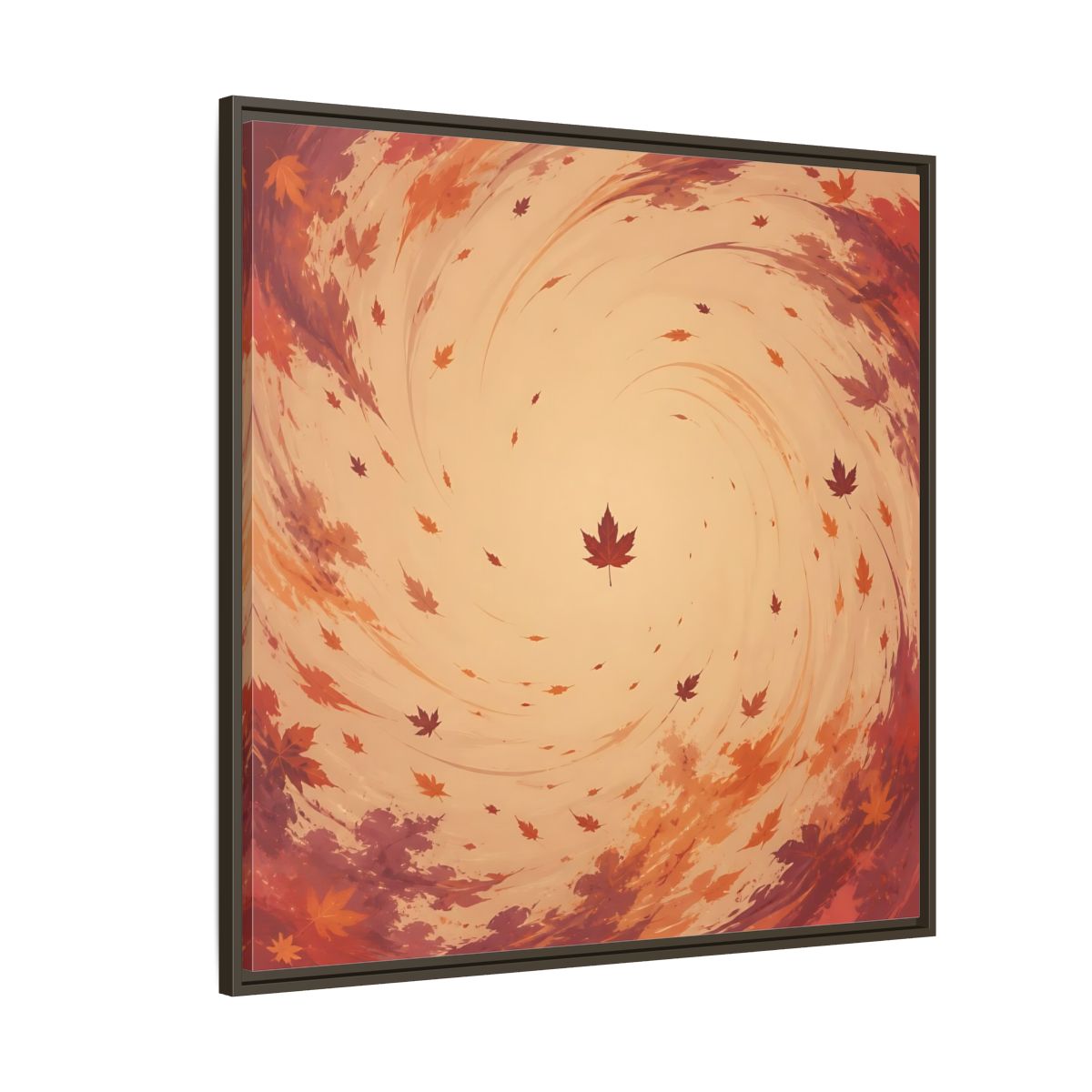 Side Mockup 5. Nature Autumn Leaves Orange And Red Swirl shown as stretched canvas wall art