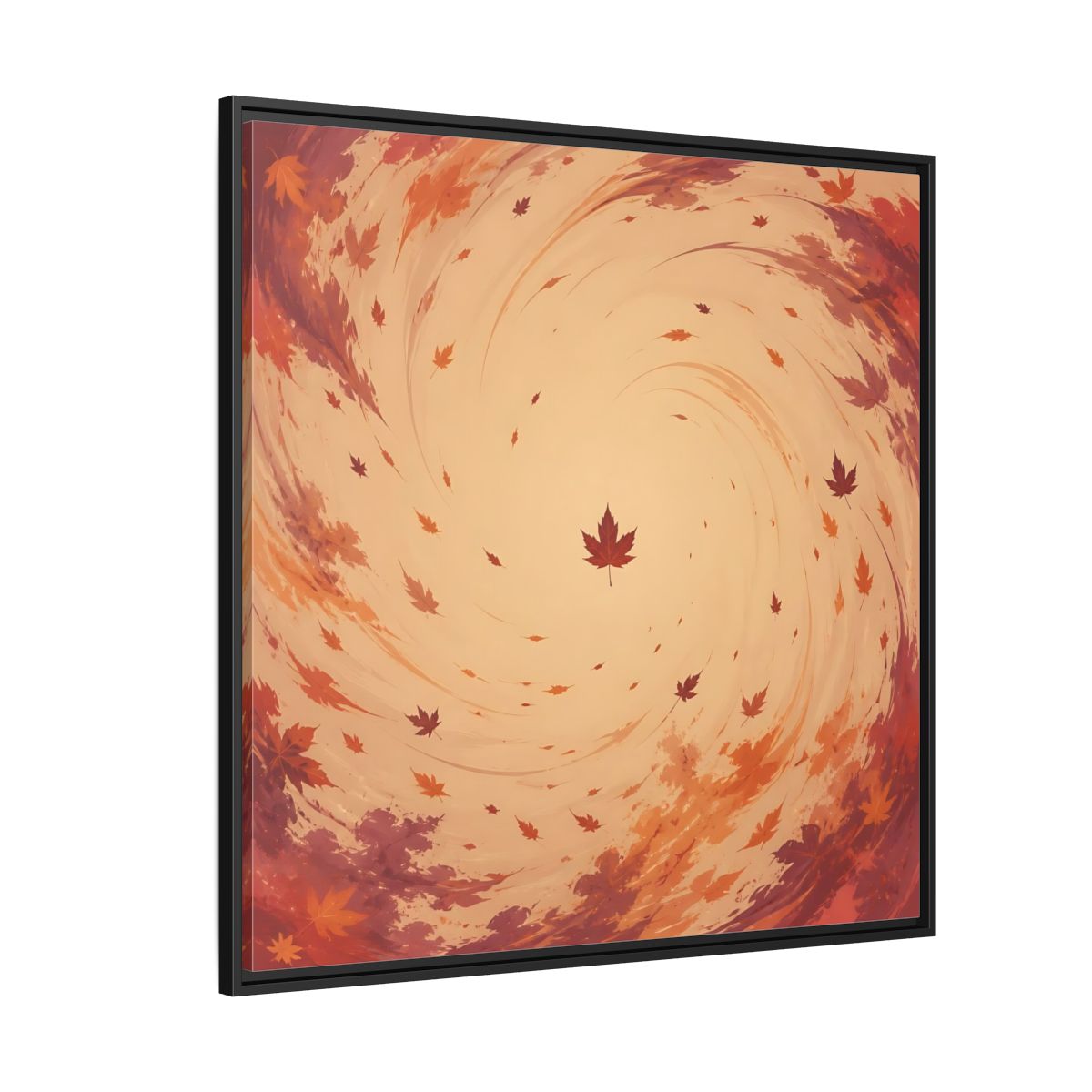 Side Mockup 6. Nature Autumn Leaves Orange And Red Swirl shown as stretched canvas wall art