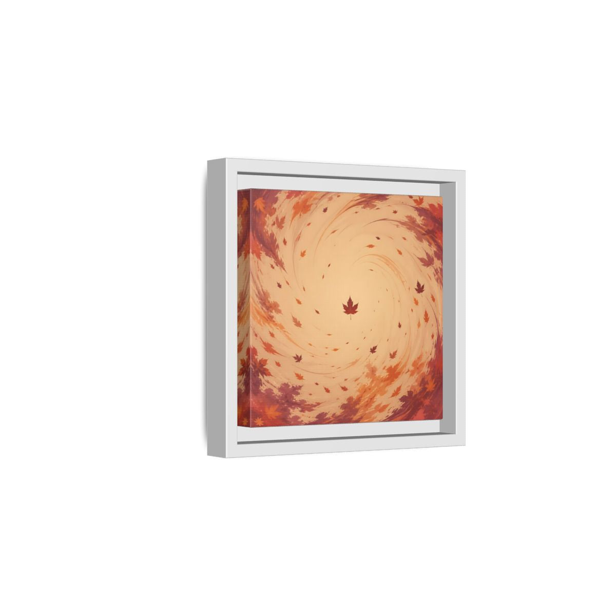 Side Mockup 1. Nature Autumn Leaves Orange And Red Swirl shown as stretched canvas wall art