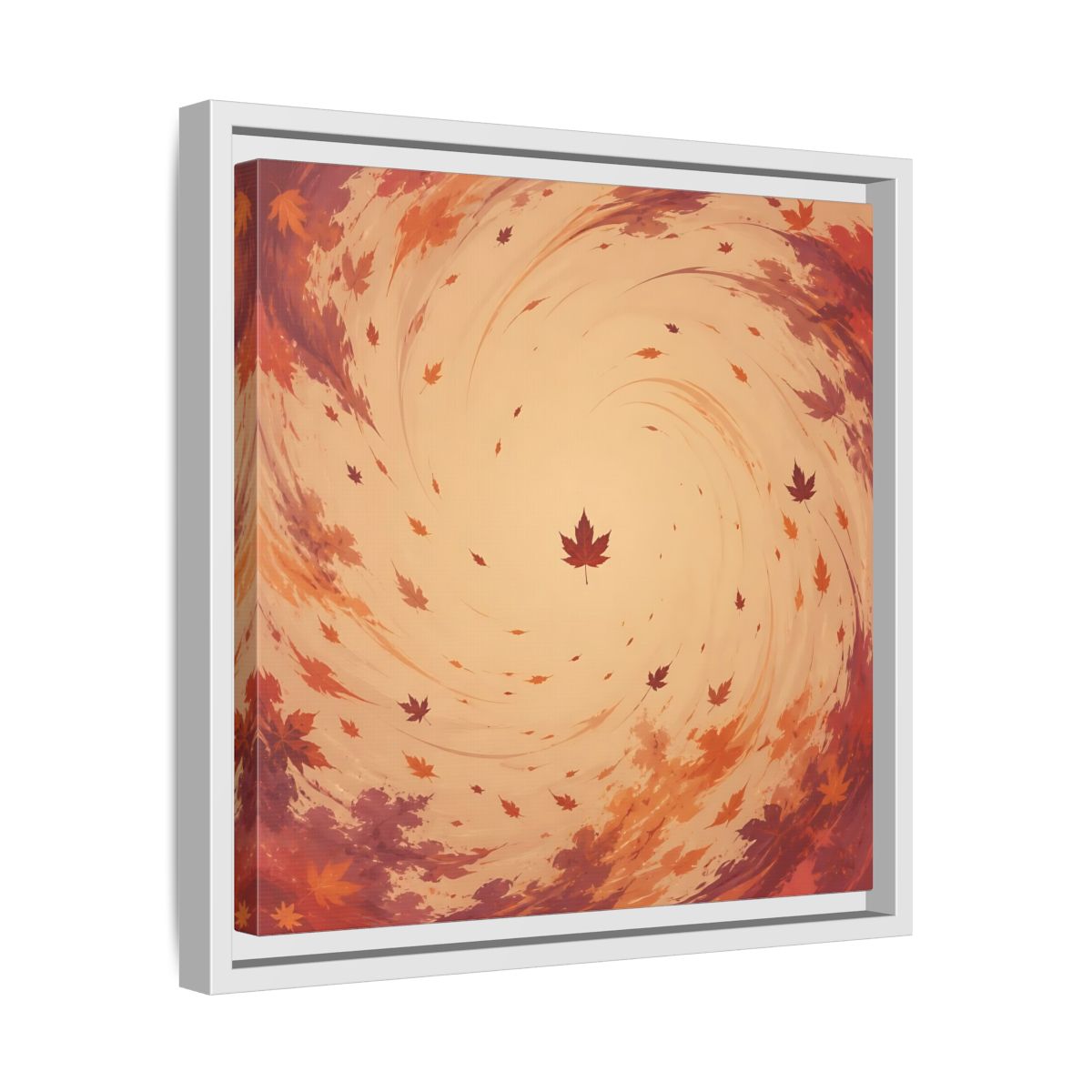 Side Mockup 28. Nature Autumn Leaves Orange And Red Swirl shown as stretched canvas wall art