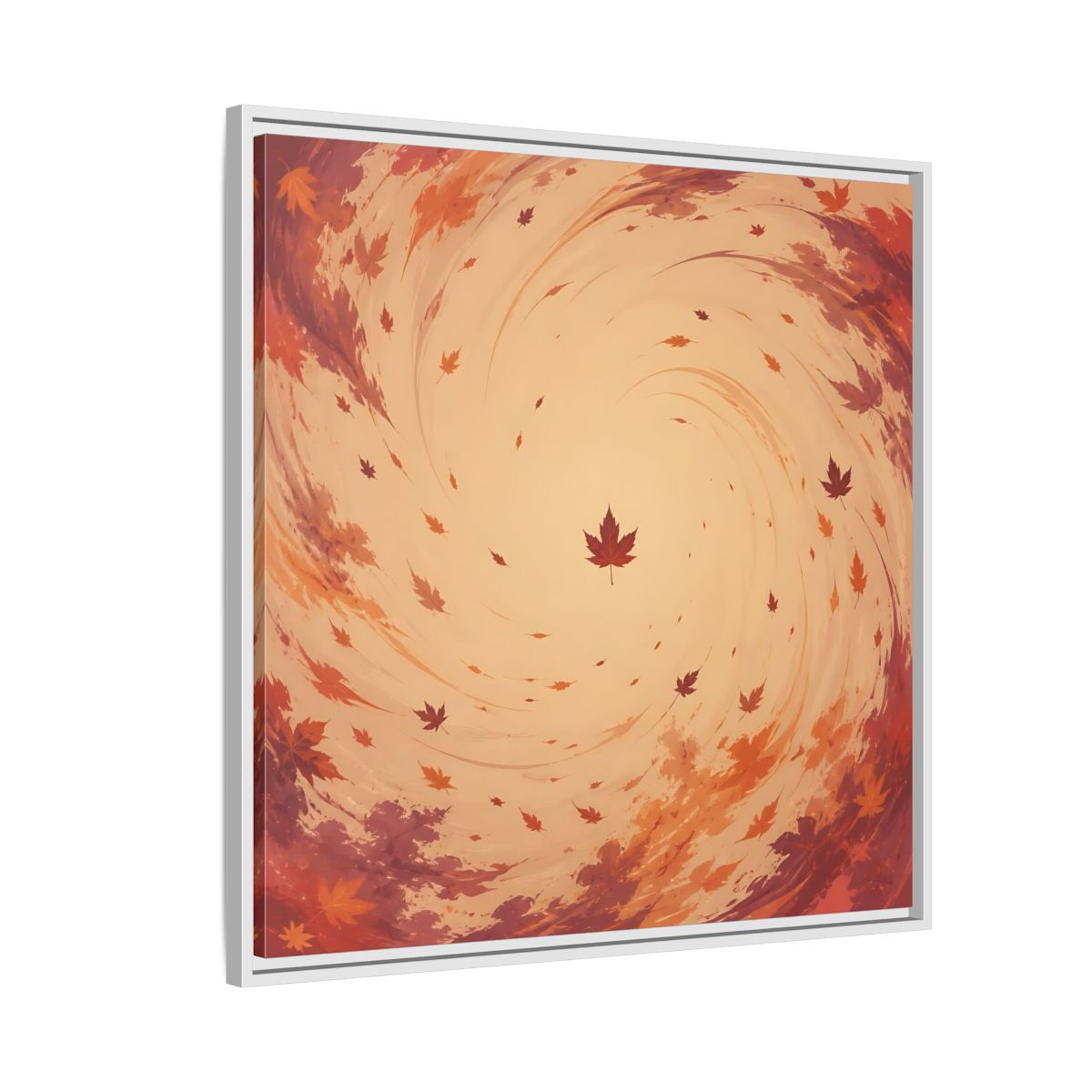 Side Mockup 7. Nature Autumn Leaves Orange And Red Swirl shown as stretched canvas wall art
