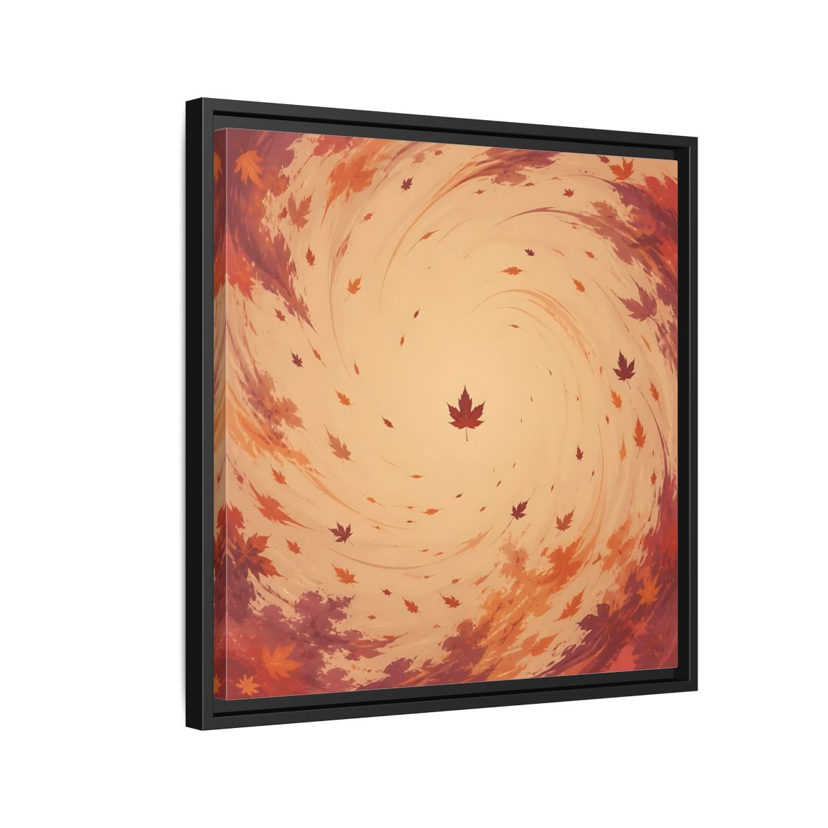 Side Mockup 12. Nature Autumn Leaves Orange And Red Swirl shown as stretched canvas wall art