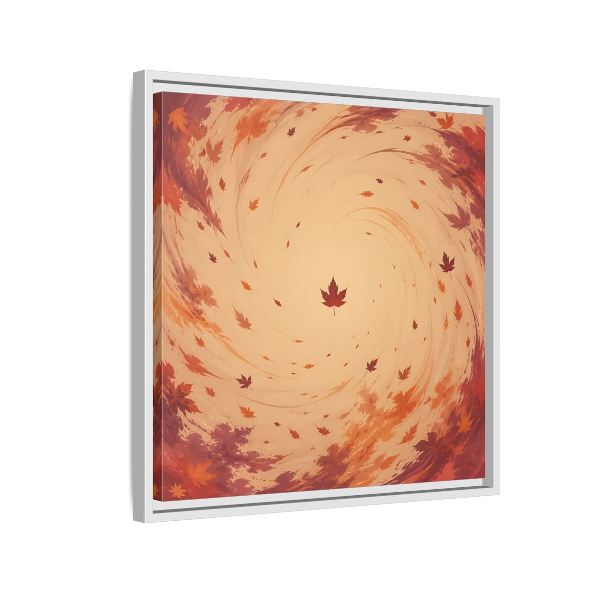 Side Mockup 10. Nature Autumn Leaves Orange And Red Swirl shown as stretched canvas wall art