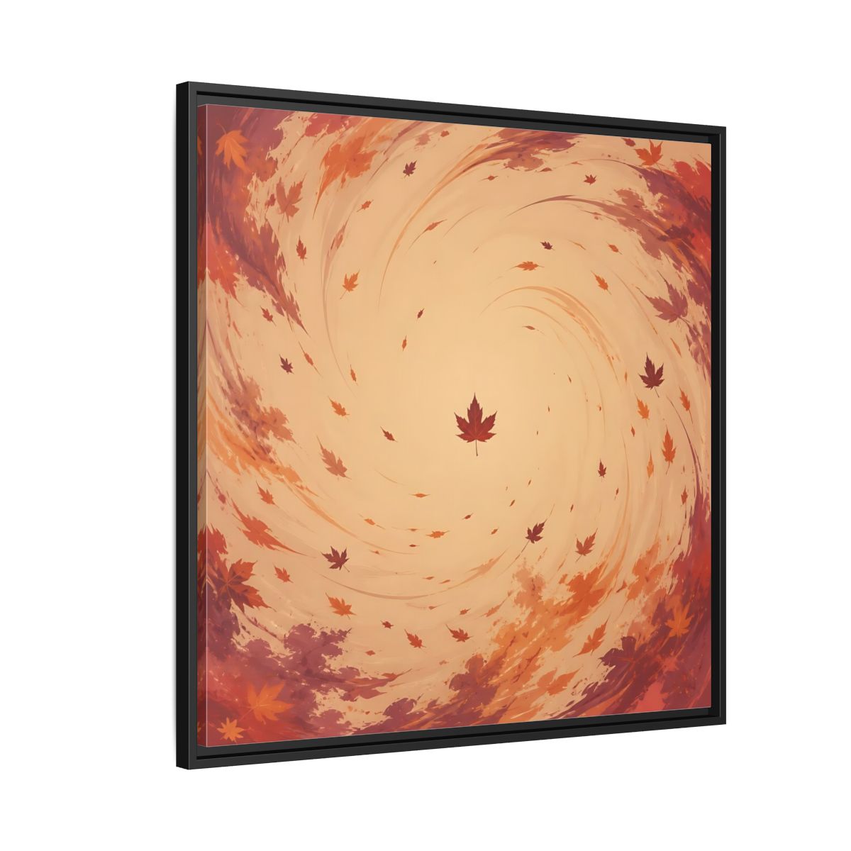 Side Mockup 9. Nature Autumn Leaves Orange And Red Swirl shown as stretched canvas wall art