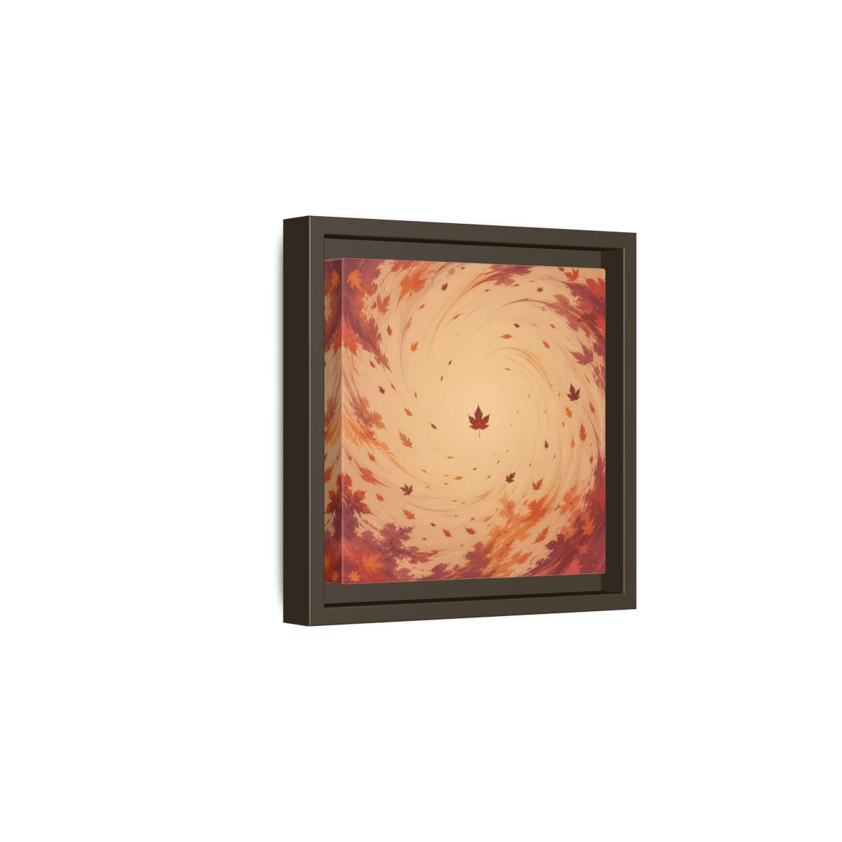 Side Mockup 2. Nature Autumn Leaves Orange And Red Swirl shown as stretched canvas wall art